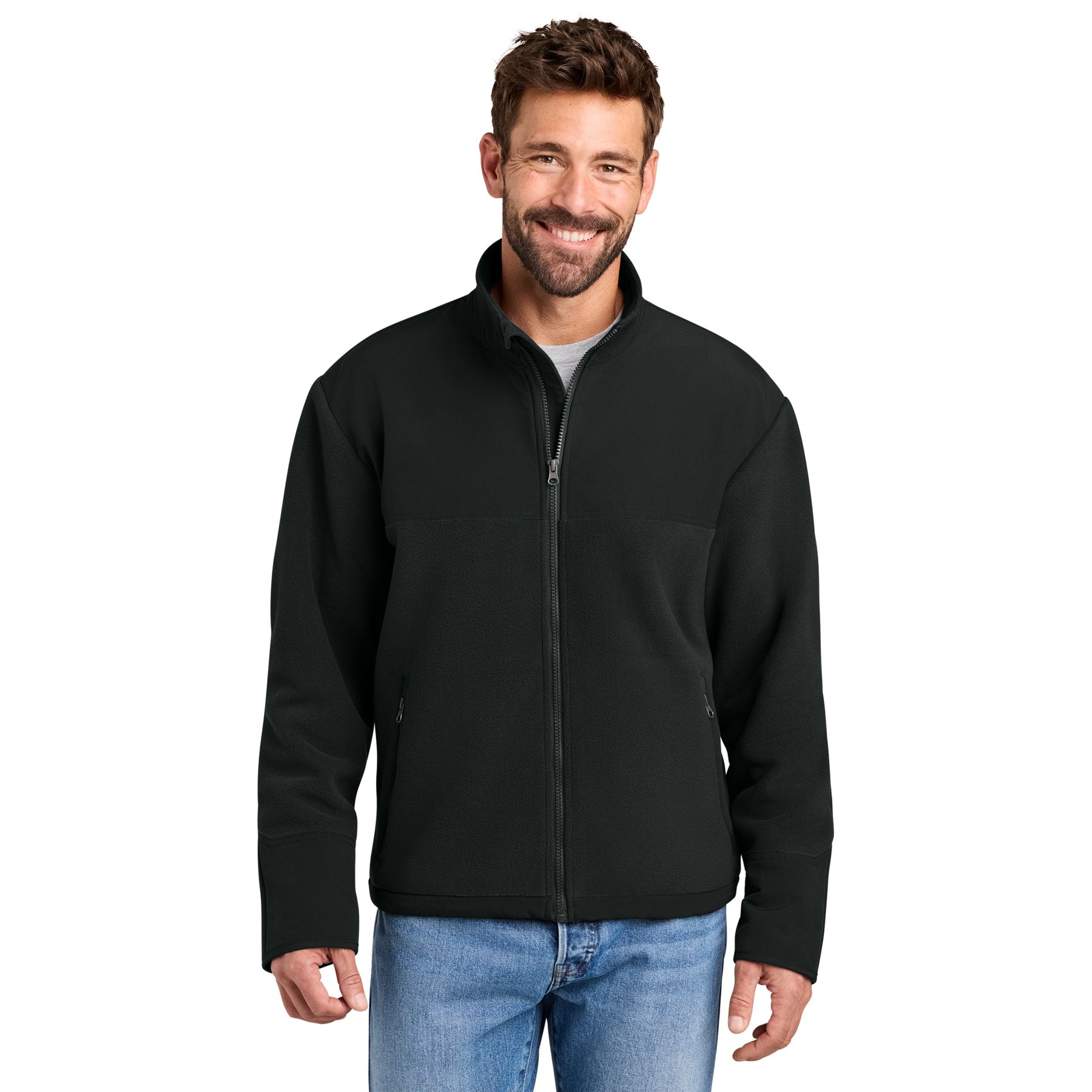 Black brushed fleece jacket with reinforced woven shoulder and elbow overlays, full-length zipper, cadet collar, zippered hand pockets, and long sleeves.