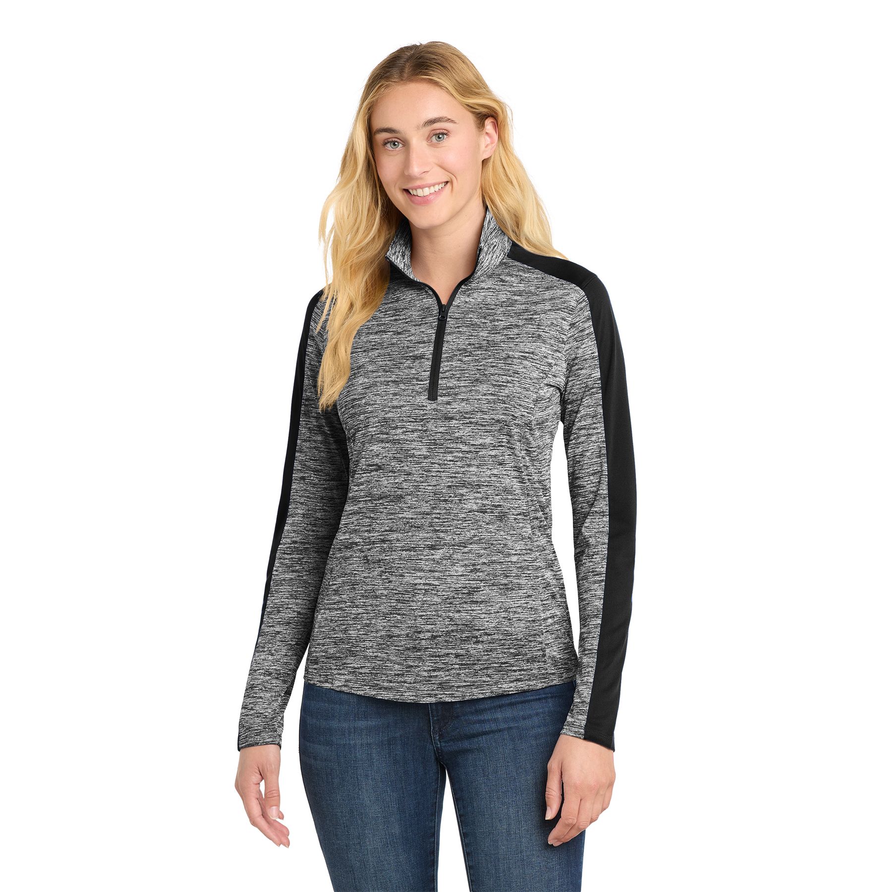 Black Electric and Black women's lightweight pullover made from polyester jersey with PosiCharge technology, featuring a colorblock shoulder and sleeve design, cadet collar, quarter-zip front, and drop tail hem.