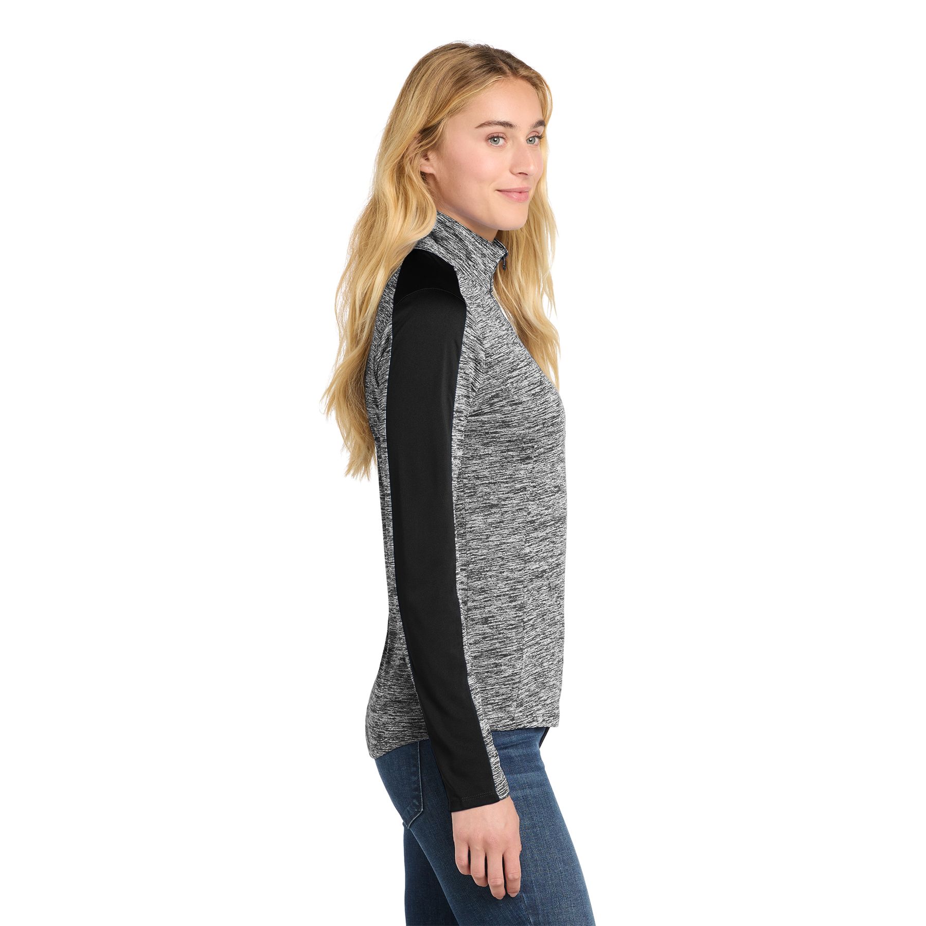 Black Electric and Black women's lightweight pullover made from polyester jersey with PosiCharge technology, featuring a colorblock shoulder and sleeve design, cadet collar, quarter-zip front, and drop tail hem.