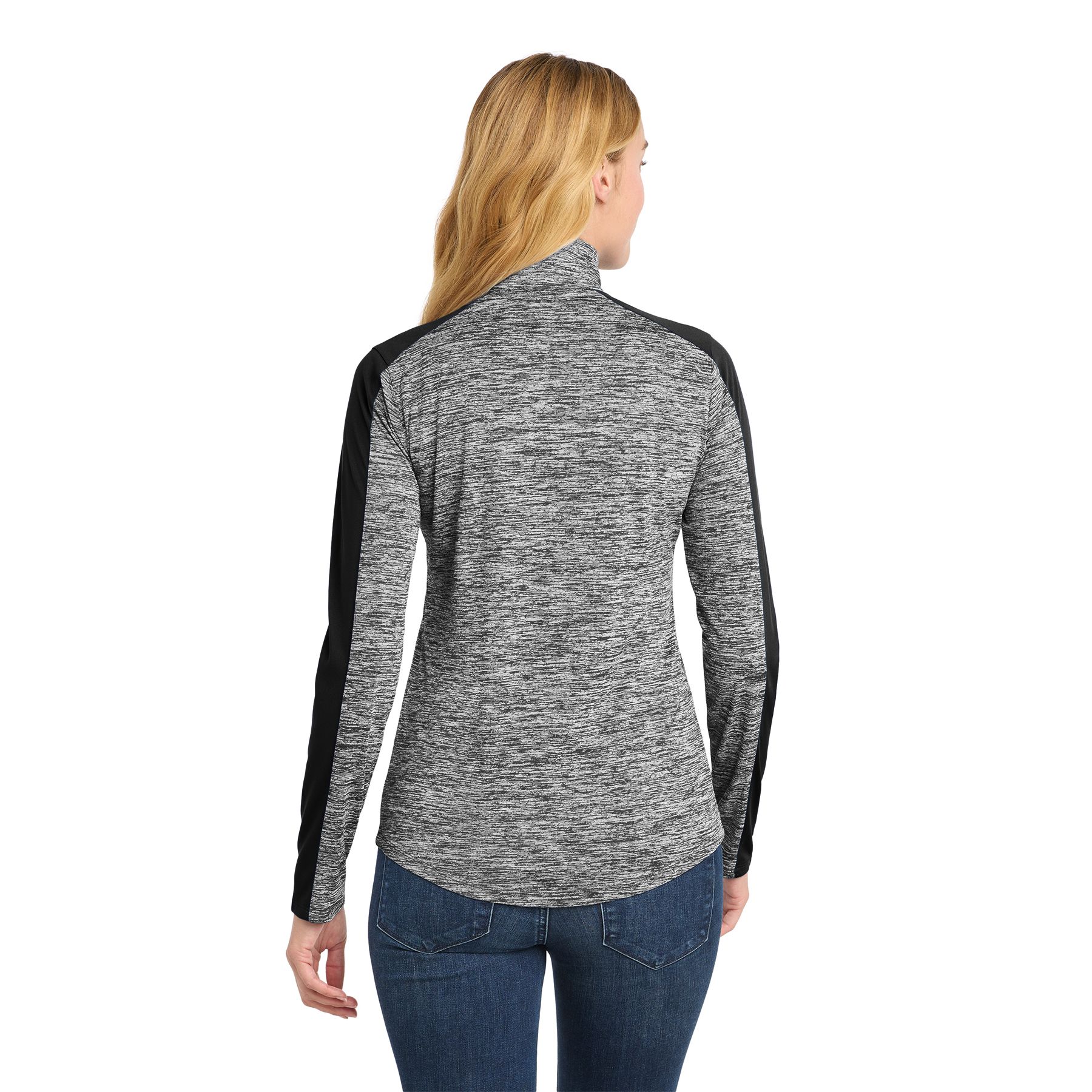 Black Electric and Black women's lightweight pullover made from polyester jersey with PosiCharge technology, featuring a colorblock shoulder and sleeve design, cadet collar, quarter-zip front, and drop tail hem.
