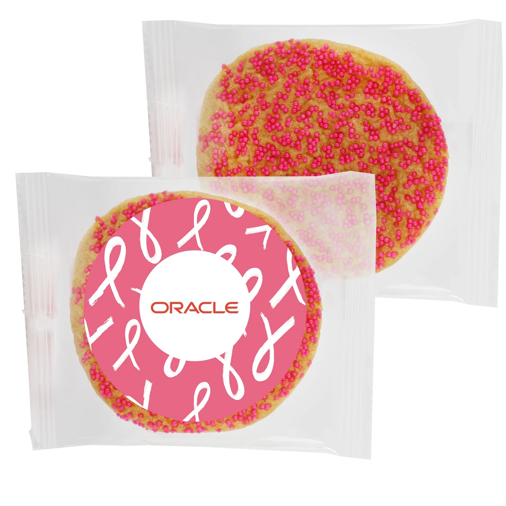 Pink sugar cookie with a smooth baked surface and a promotional awareness-themed label, suitable for Breast Cancer Awareness events, fundraisers, charity dinners, and giveaways.