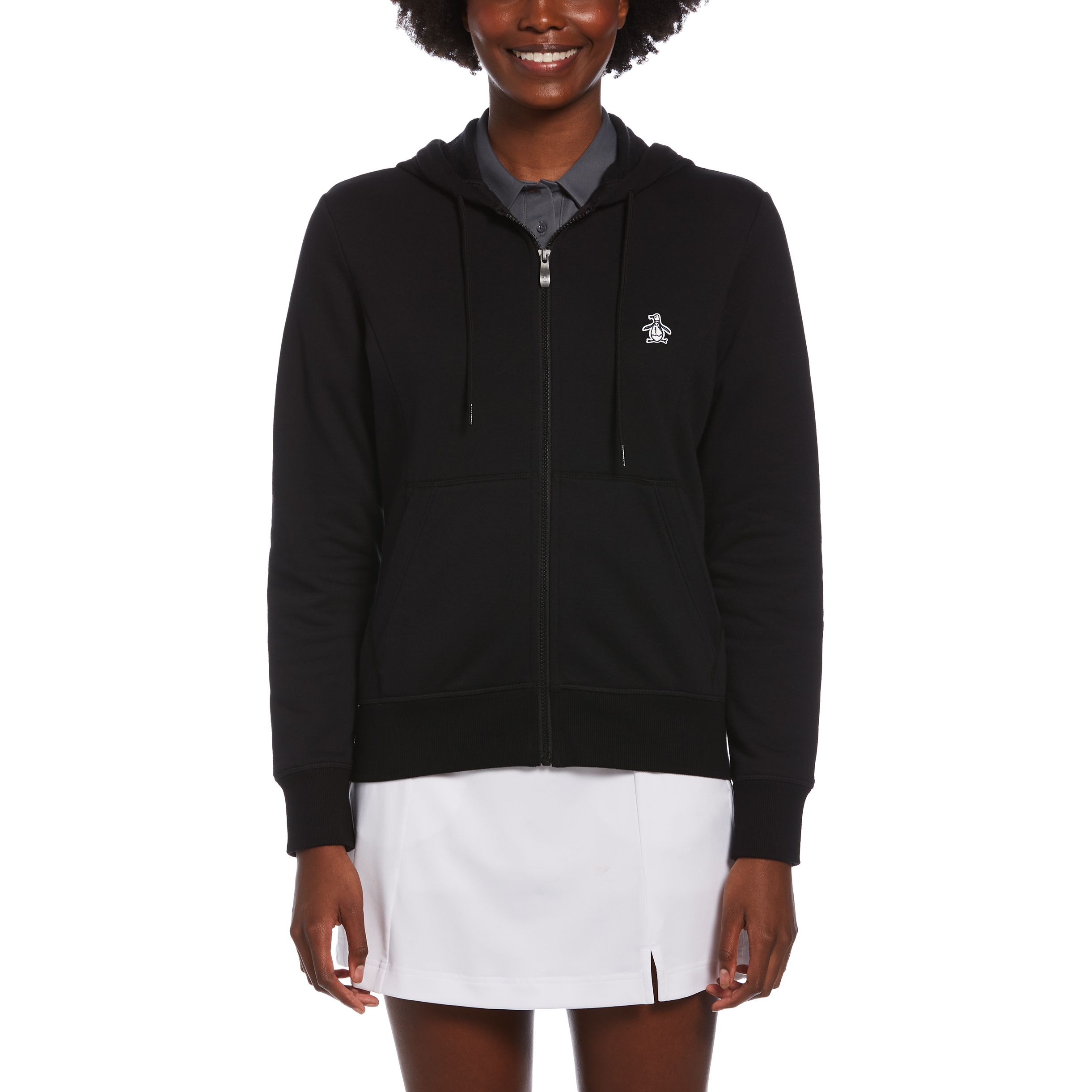 Caviar Black women’s full-zip fleece hoodie made from an 85% cotton and 15% polyester blend, featuring a full-zip front, front pockets, rib knit hem and cuffs, and a soft fleece construction.