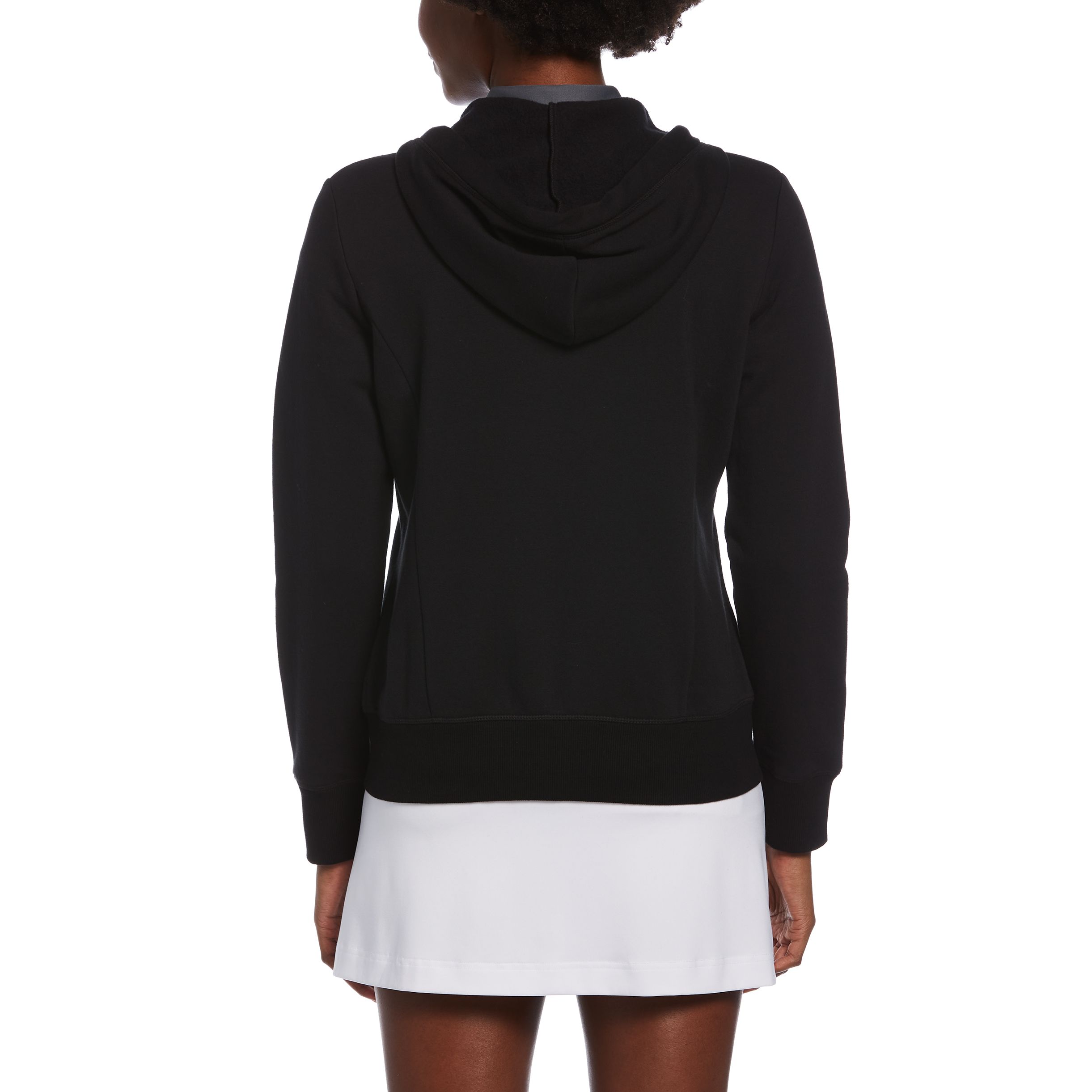 Caviar Black women’s full-zip fleece hoodie made from an 85% cotton and 15% polyester blend, featuring a full-zip front, front pockets, rib knit hem and cuffs, and a soft fleece construction.