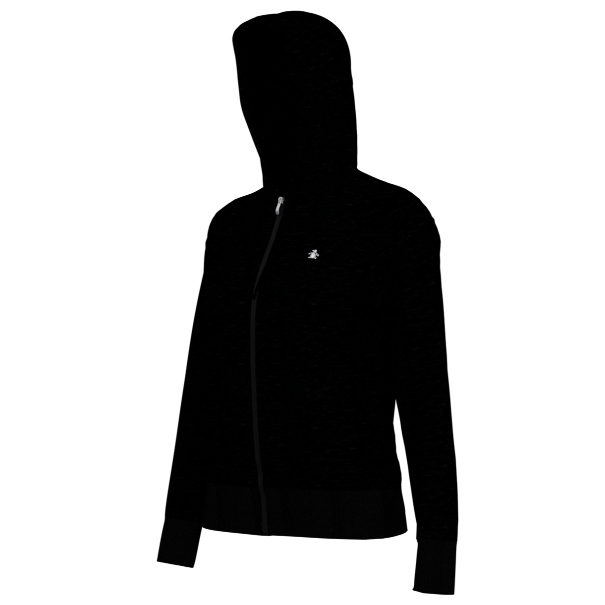 Caviar Black women’s full-zip fleece hoodie made from an 85% cotton and 15% polyester blend, featuring a full-zip front, front pockets, rib knit hem and cuffs, and a soft fleece construction.