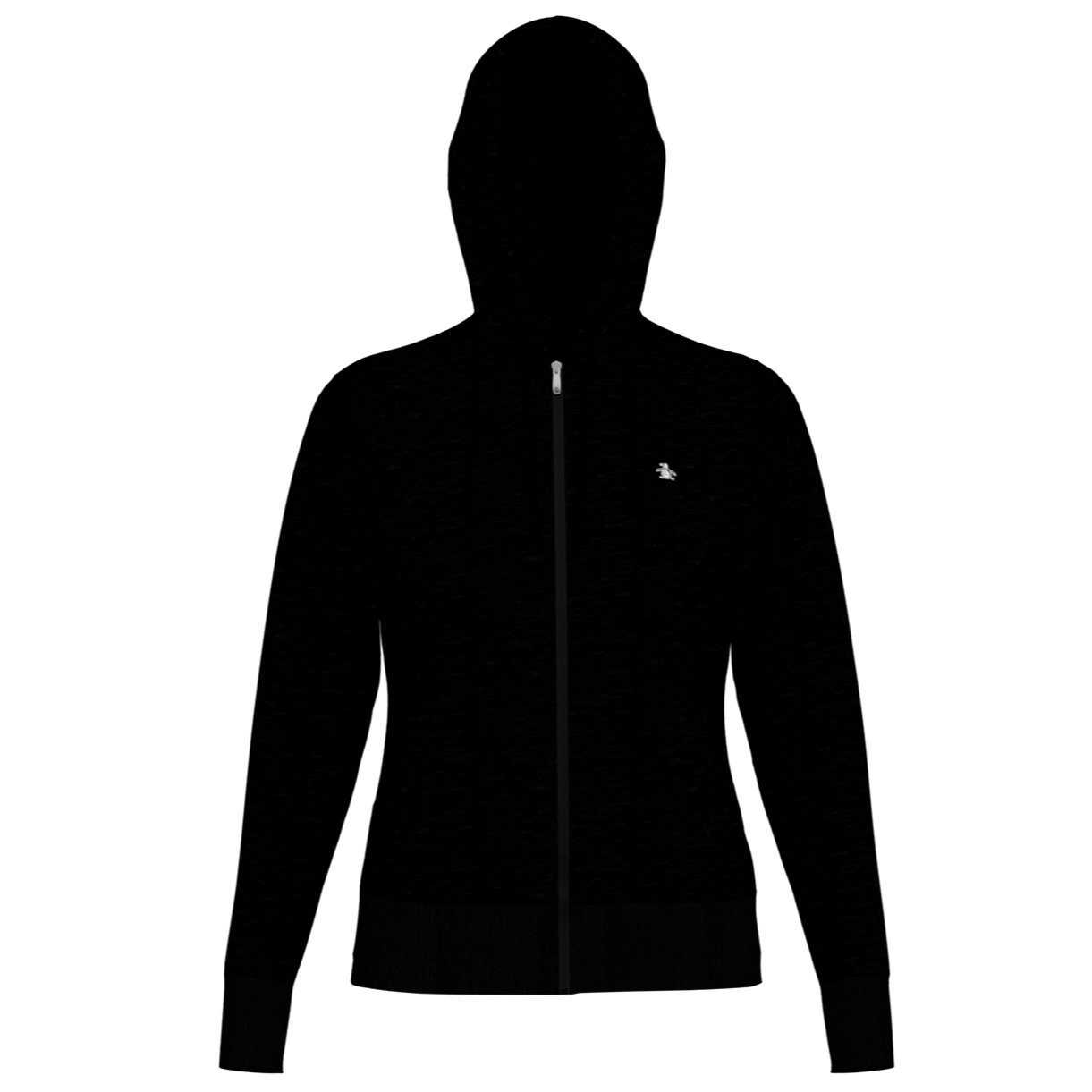 Caviar Black women’s full-zip fleece hoodie made from an 85% cotton and 15% polyester blend, featuring a full-zip front, front pockets, rib knit hem and cuffs, and a soft fleece construction.