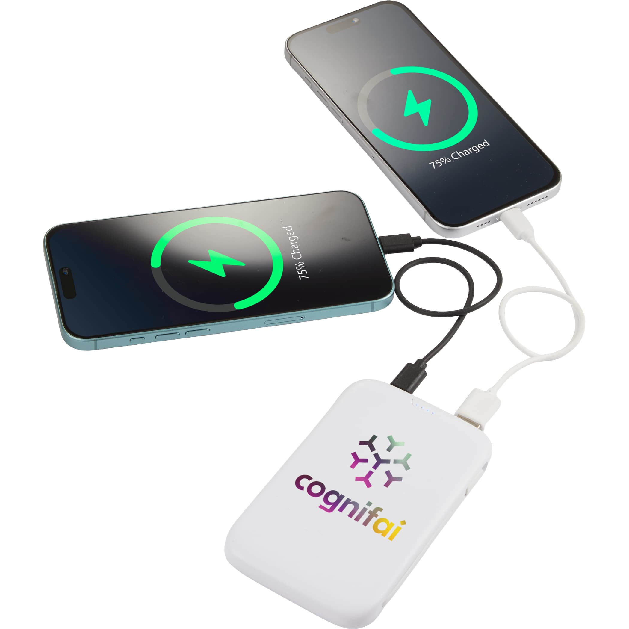 White UL Listed 5,000 mAh 20W Power Bank with Integrated Cables featuring a slim design, built-in Lightning and USB-C charging cables, LED battery indicator, and durable portable construction for convenient on-the-go device charging.