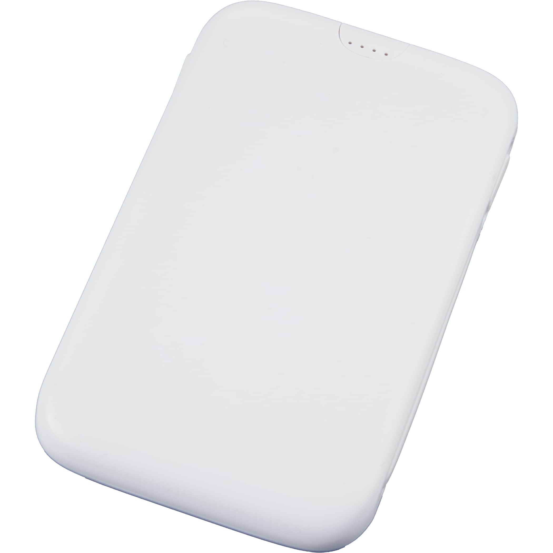 White UL Listed 5,000 mAh 20W Power Bank with Integrated Cables featuring a slim design, built-in Lightning and USB-C charging cables, LED battery indicator, and durable portable construction for convenient on-the-go device charging.