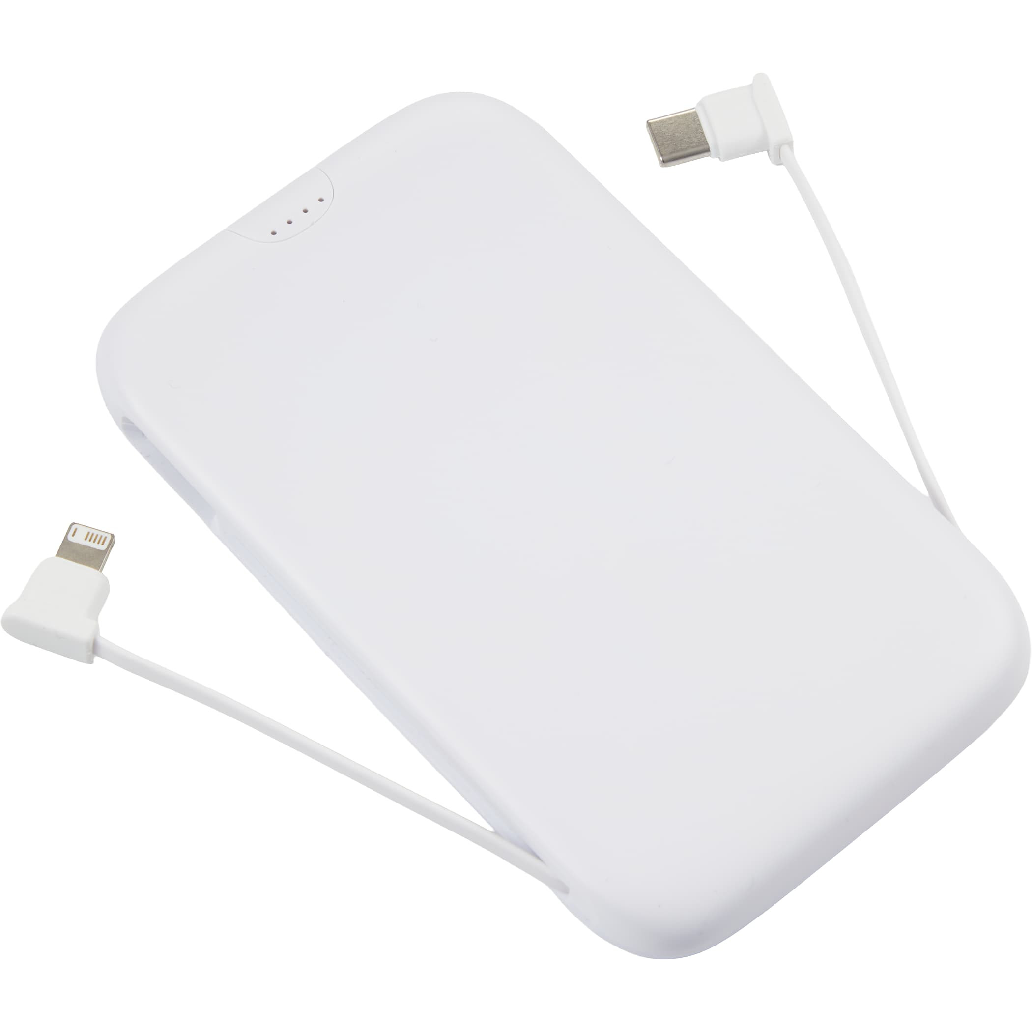 White UL Listed 5,000 mAh 20W Power Bank with Integrated Cables featuring a slim design, built-in Lightning and USB-C charging cables, LED battery indicator, and durable portable construction for convenient on-the-go device charging.