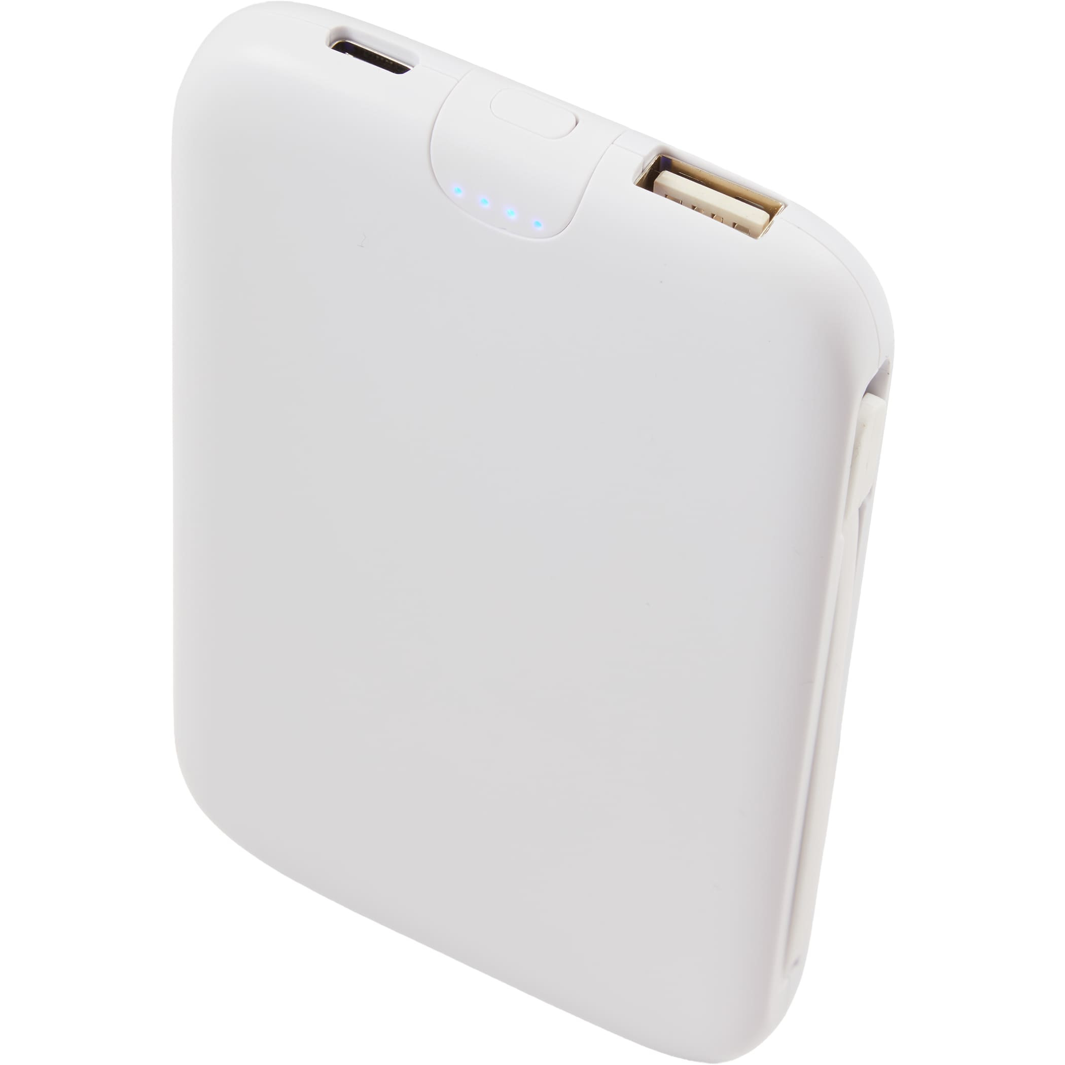 White UL Listed 5,000 mAh 20W Power Bank with Integrated Cables featuring a slim design, built-in Lightning and USB-C charging cables, LED battery indicator, and durable portable construction for convenient on-the-go device charging.