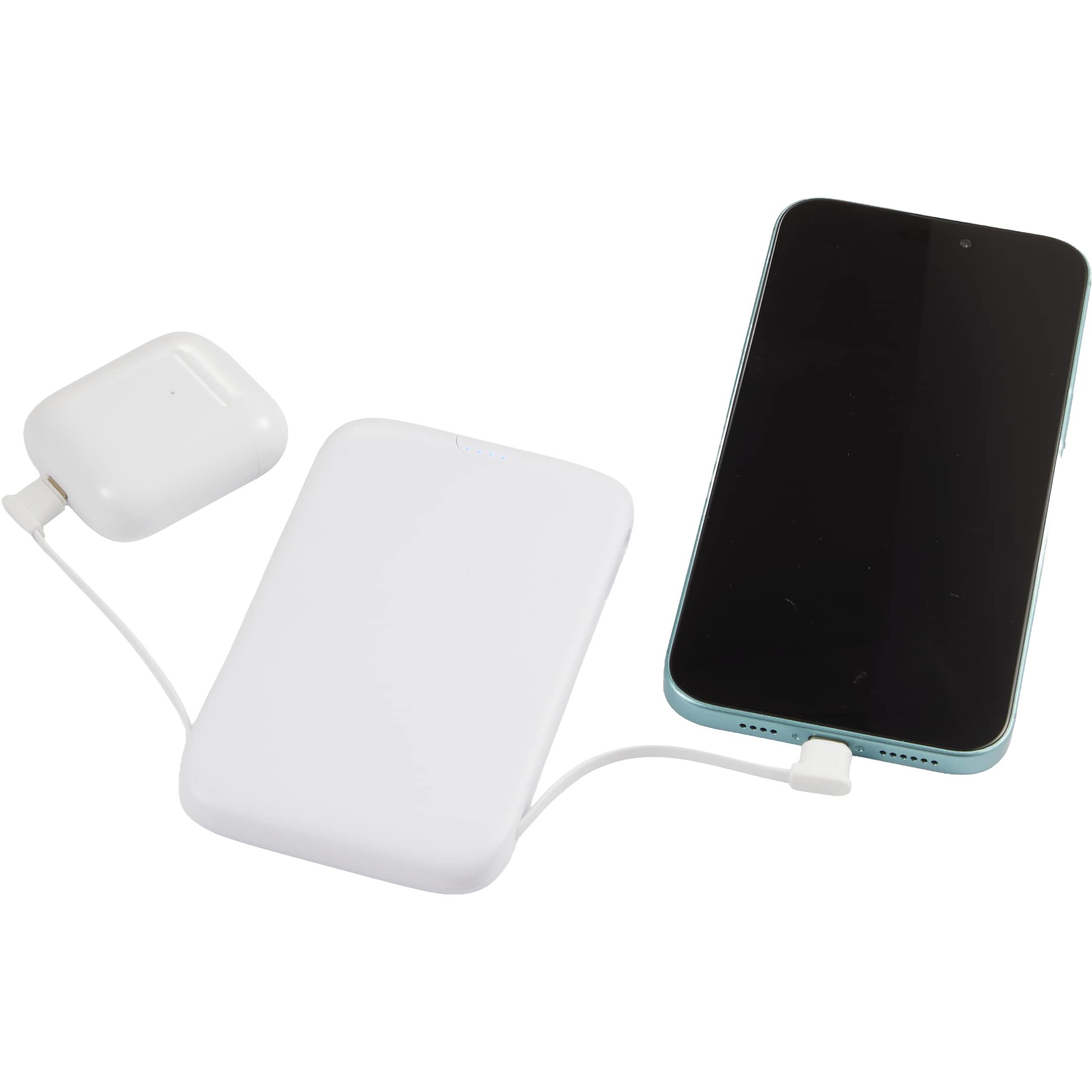 White UL Listed 5,000 mAh 20W Power Bank with Integrated Cables featuring a slim design, built-in Lightning and USB-C charging cables, LED battery indicator, and durable portable construction for convenient on-the-go device charging.