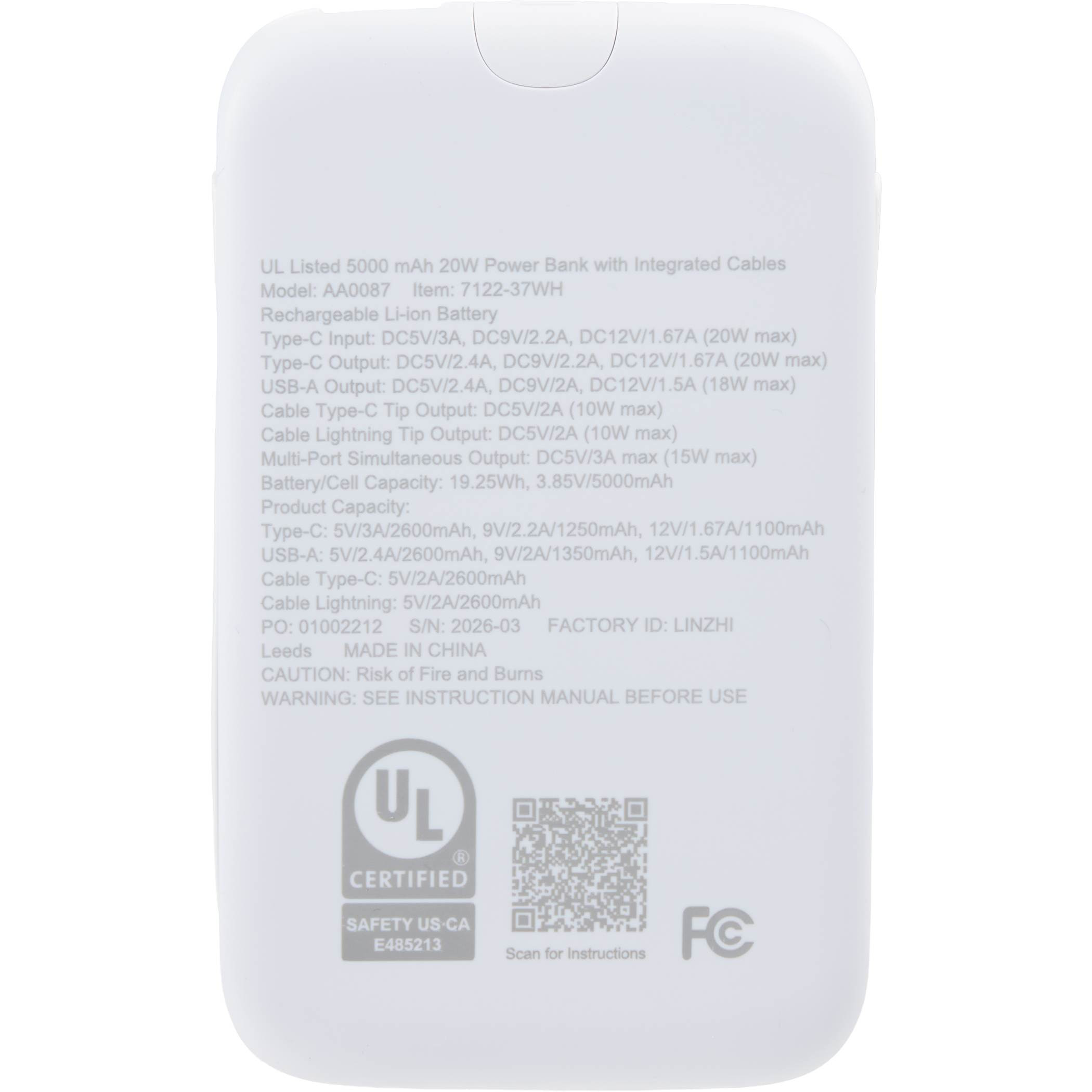 White UL Listed 5,000 mAh 20W Power Bank with Integrated Cables featuring a slim design, built-in Lightning and USB-C charging cables, LED battery indicator, and durable portable construction for convenient on-the-go device charging.