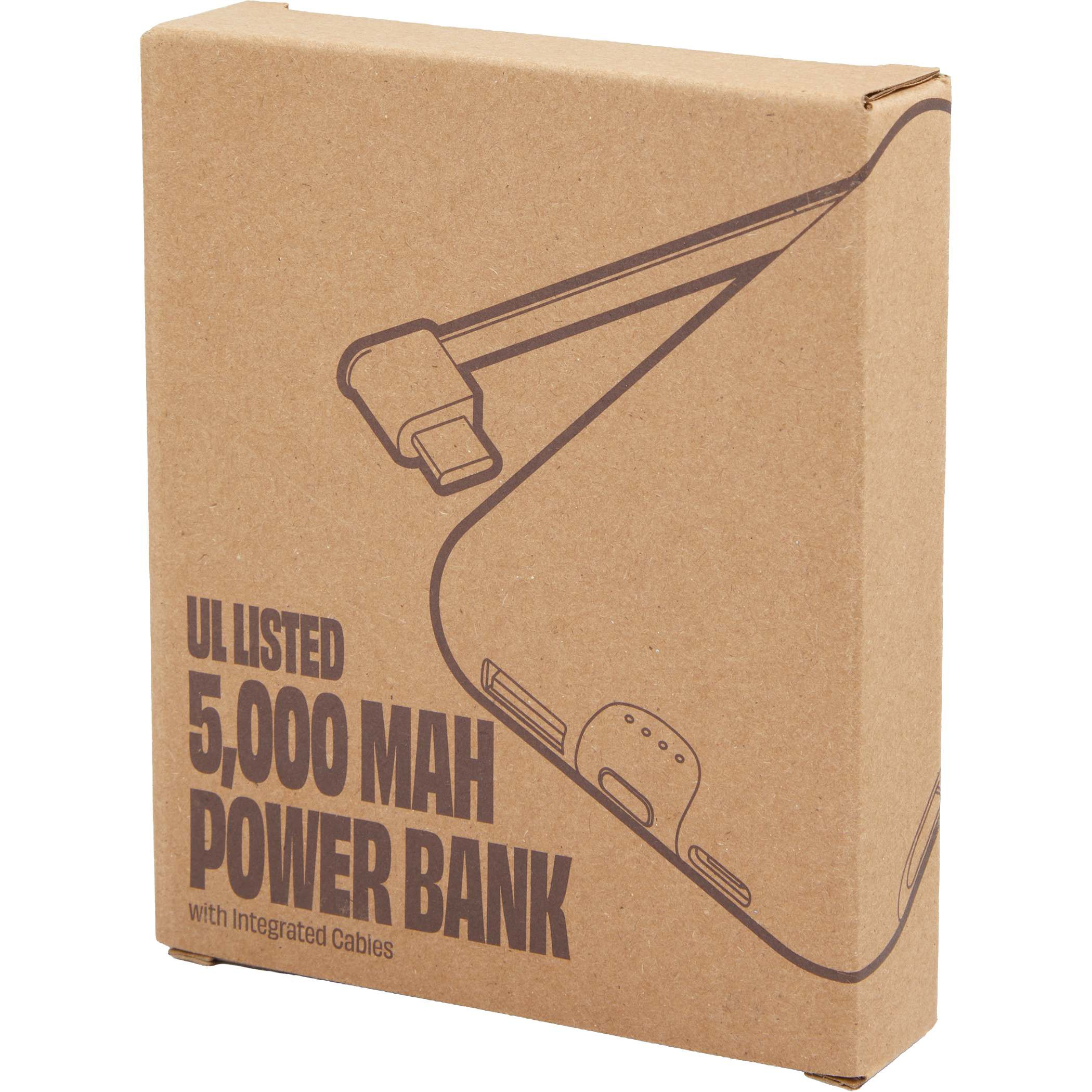 FSC® Certified Premium Giftbox of White UL Listed 5,000 mAh 20W Power Bank with Integrated Cables featuring a slim design, built-in Lightning and USB-C charging cables, LED battery indicator, and durable portable construction for convenient on-the-go device charging.