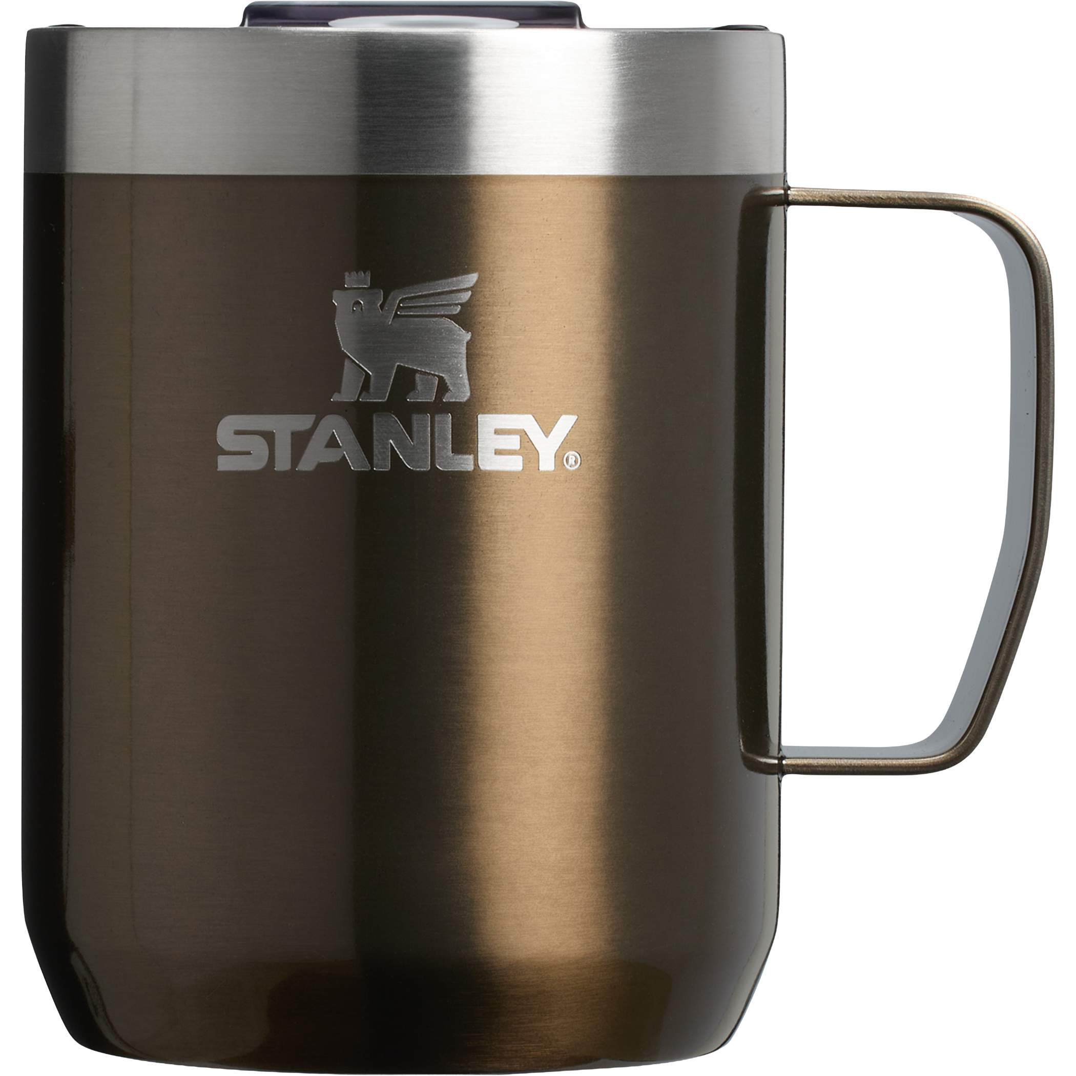 Gun Metal Stanley Everyday Camp Mug made from 18/8 stainless steel with double-wall vacuum insulation, a secure Tritan drink-through lid, push-on closure, and soft matte finish.