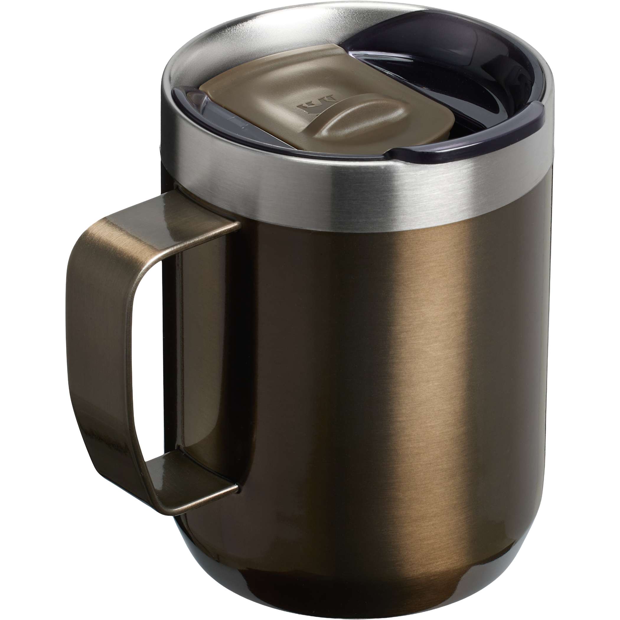 Gun Metal Stanley Everyday Camp Mug made from 18/8 stainless steel with double-wall vacuum insulation, a secure Tritan drink-through lid, push-on closure, and soft matte finish.