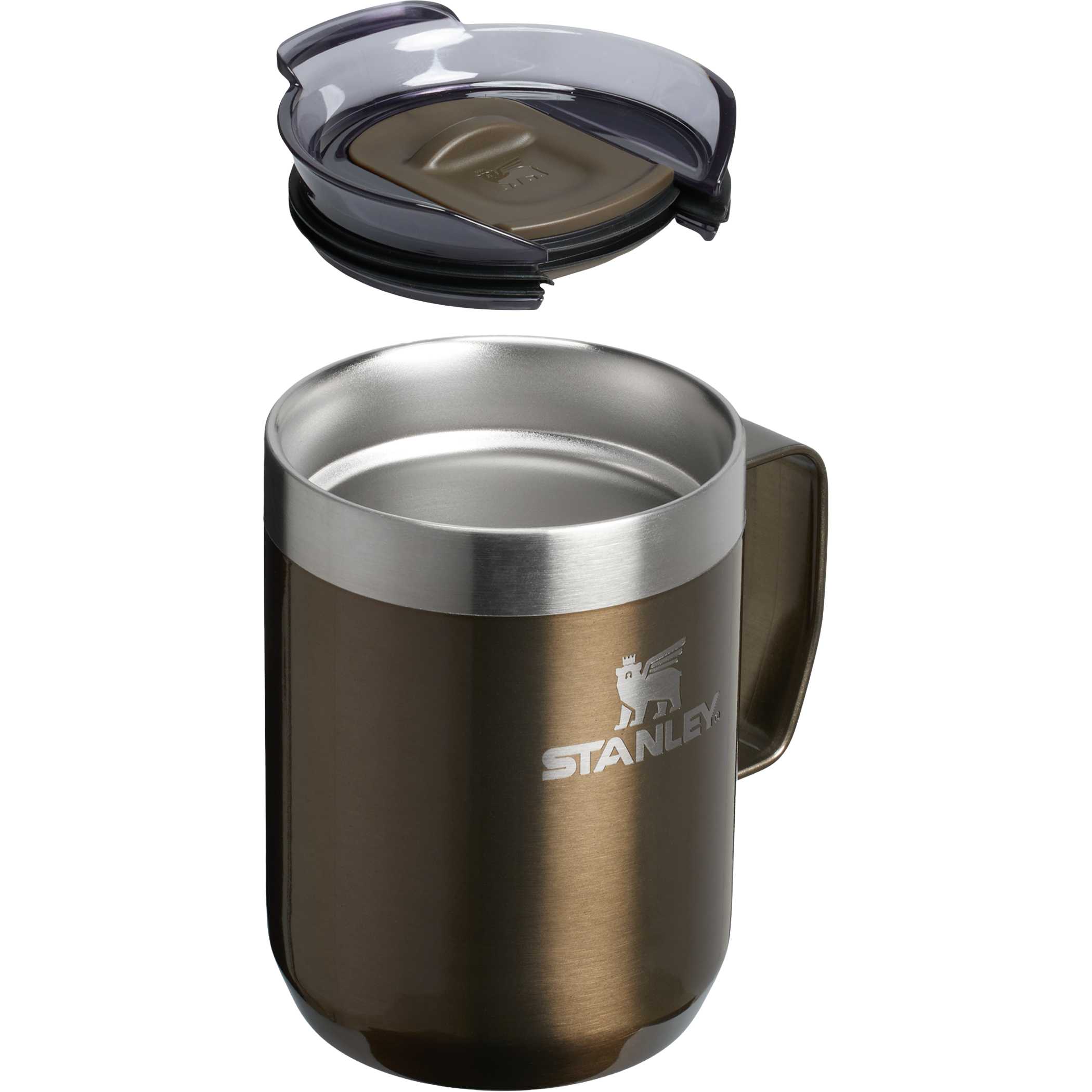 Gun Metal Stanley Everyday Camp Mug made from 18/8 stainless steel with double-wall vacuum insulation, a secure Tritan drink-through lid, push-on closure, and soft matte finish.