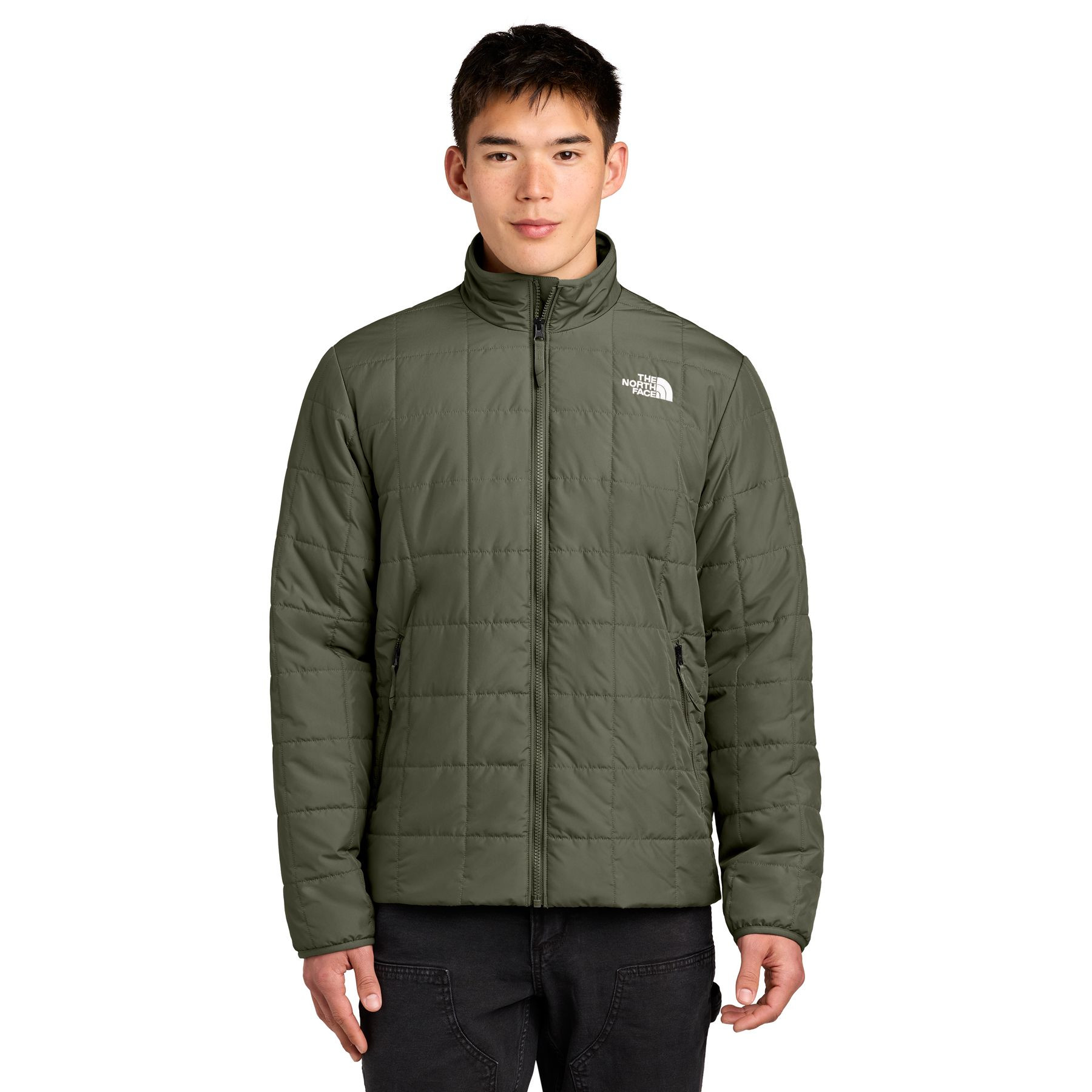 New Taupe Green quilted jacket made from recycled polyester with lightweight recycled insulation, 3x3 square quilting, stretch binding at the collar and cuffs, center front zipper, and secure-zip hand pockets.