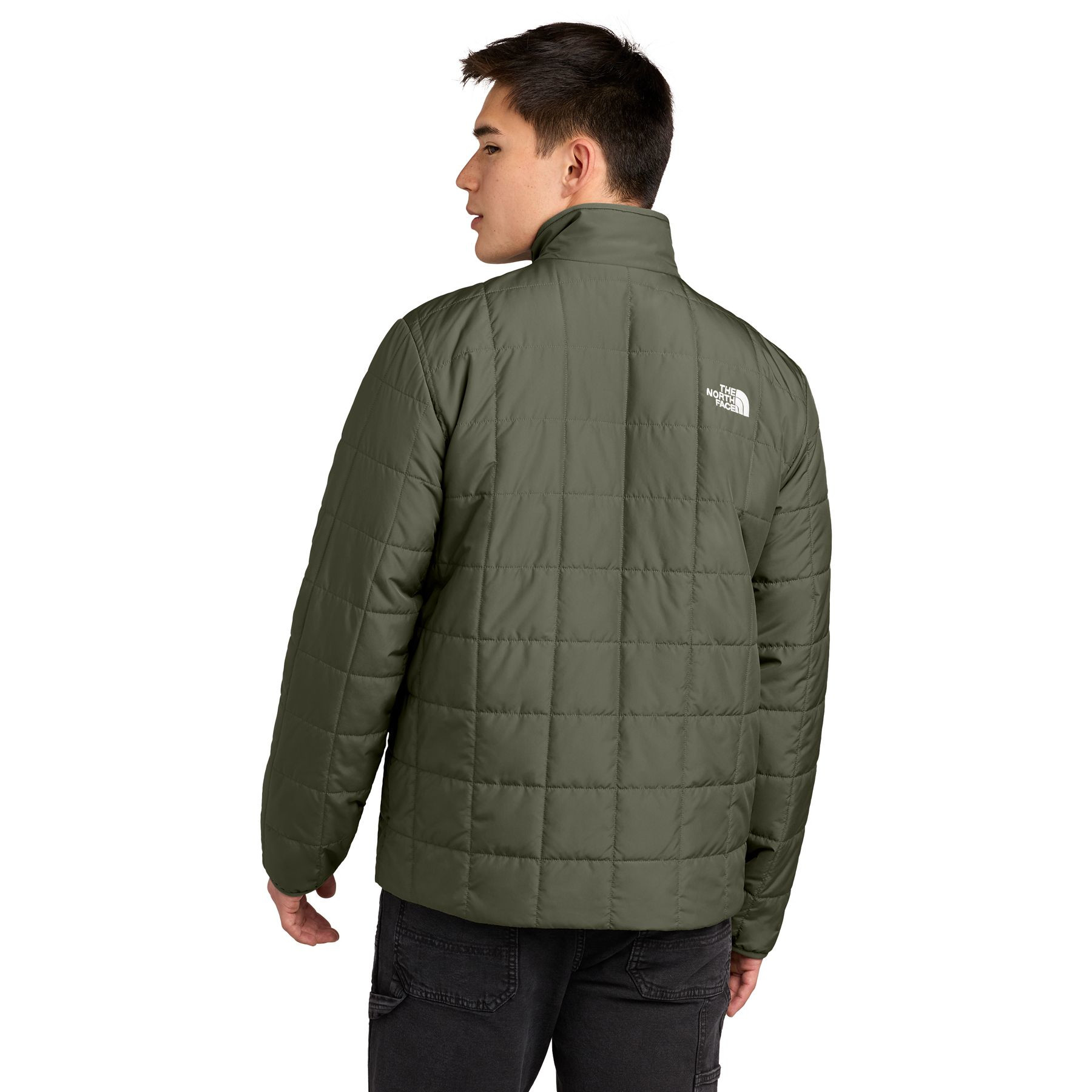 New Taupe Green quilted jacket made from recycled polyester with lightweight recycled insulation, 3x3 square quilting, stretch binding at the collar and cuffs, center front zipper, and secure-zip hand pockets.