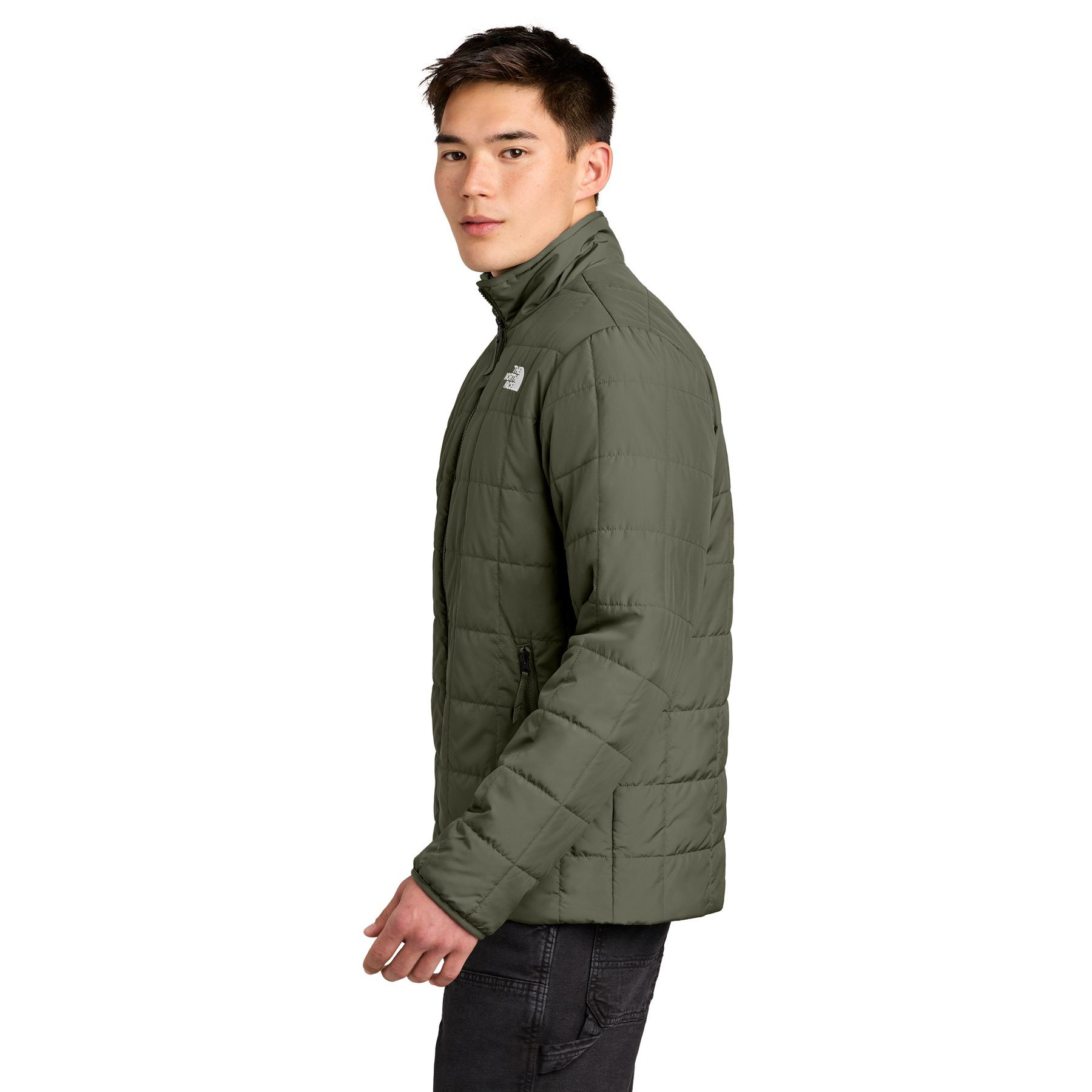 New Taupe Green quilted jacket made from recycled polyester with lightweight recycled insulation, 3x3 square quilting, stretch binding at the collar and cuffs, center front zipper, and secure-zip hand pockets.