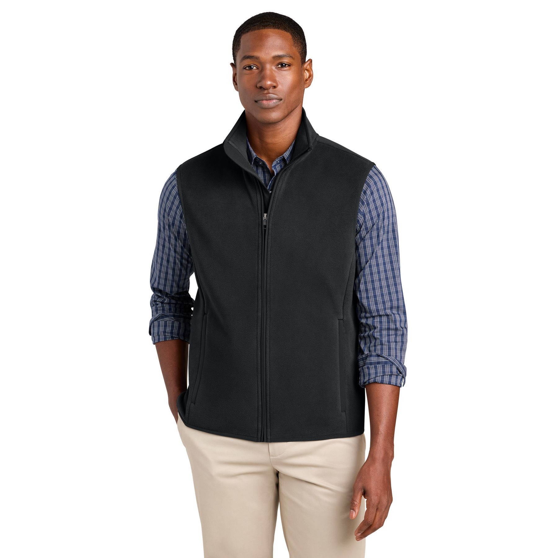 Deep Black fleece vest made from soft 100% polyester brushed fleece with an anti-pill finish, zippered hand pockets, and knit and woven binding details.
