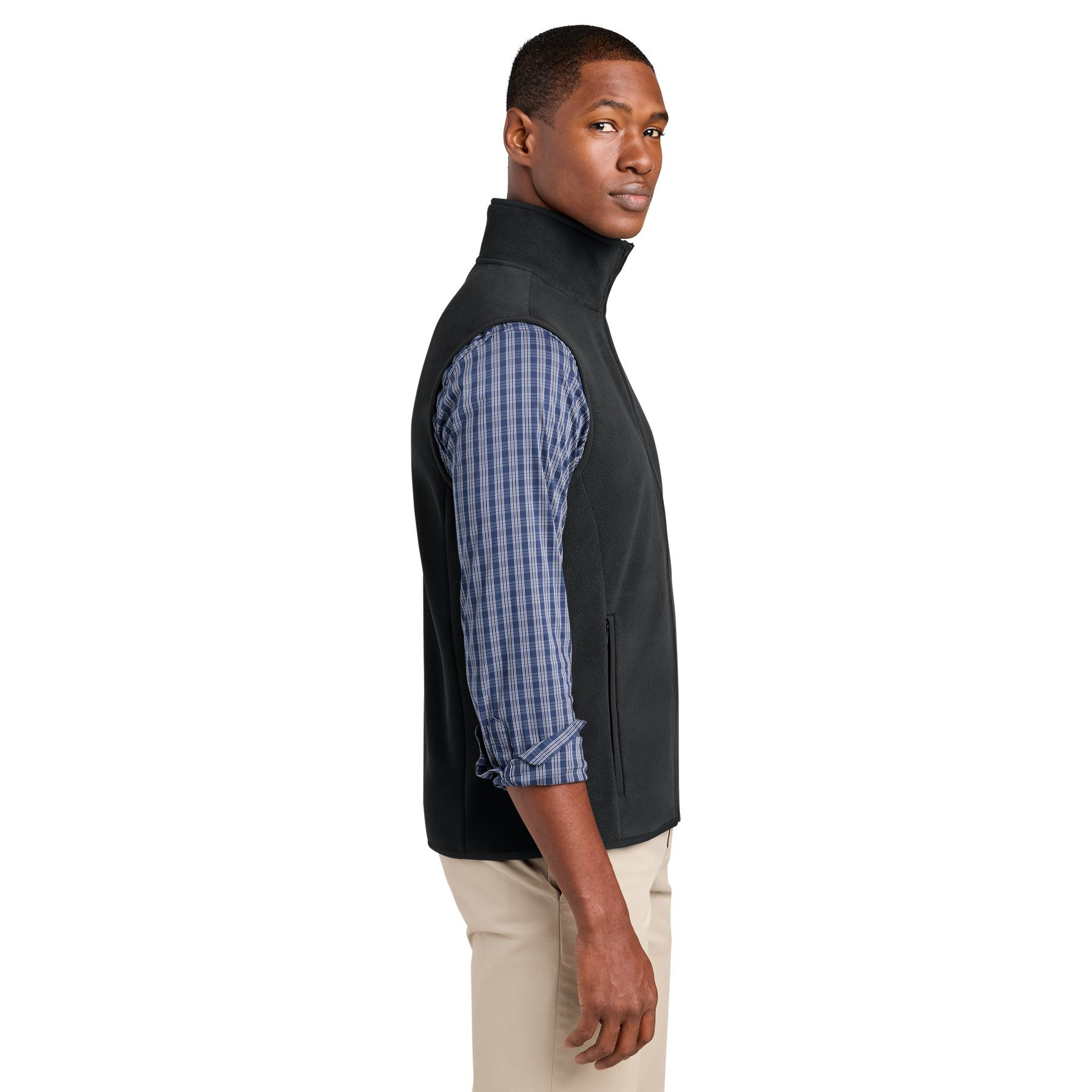 Deep Black fleece vest made from soft 100% polyester brushed fleece with an anti-pill finish, zippered hand pockets, and knit and woven binding details.
