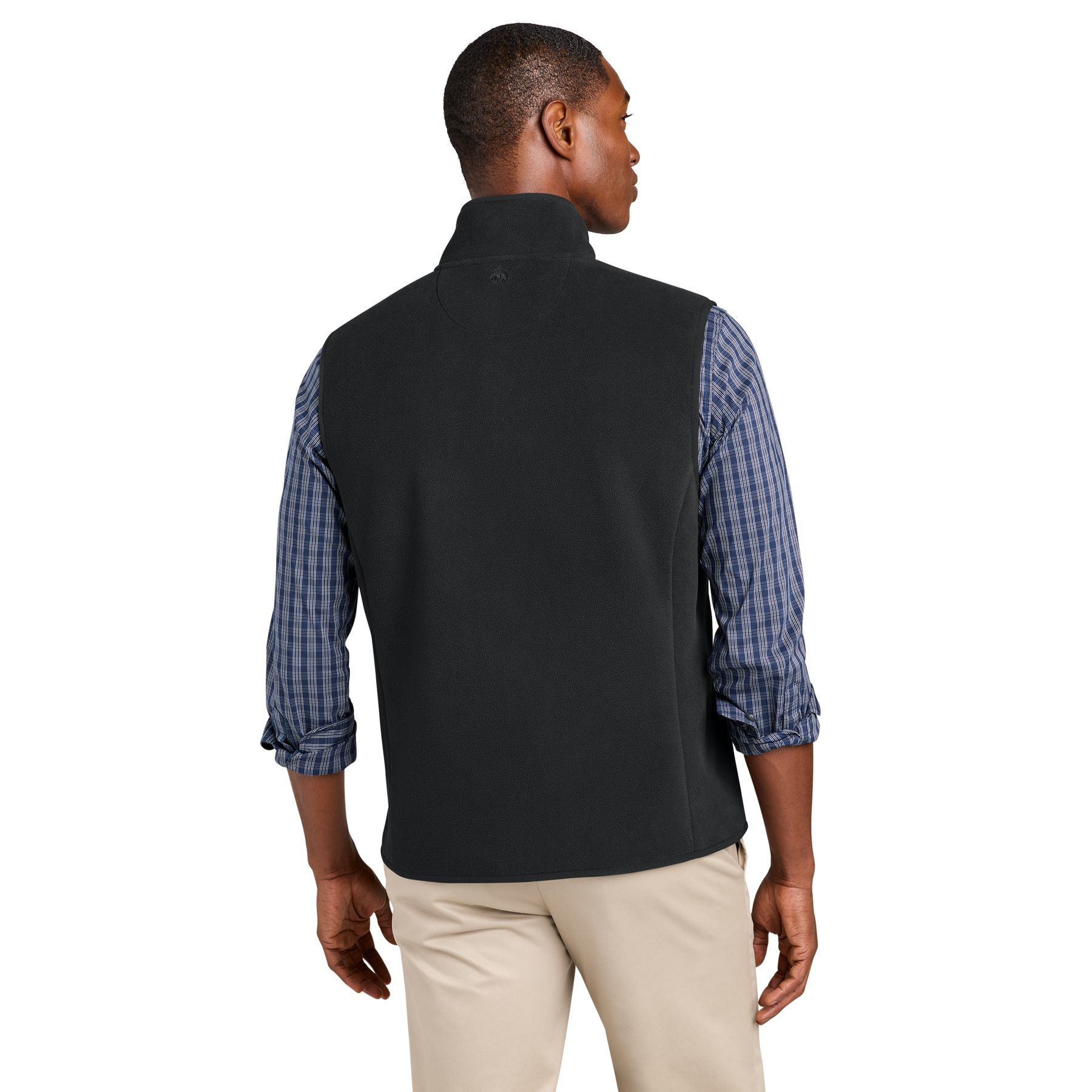 Deep Black fleece vest made from soft 100% polyester brushed fleece with an anti-pill finish, zippered hand pockets, and knit and woven binding details.