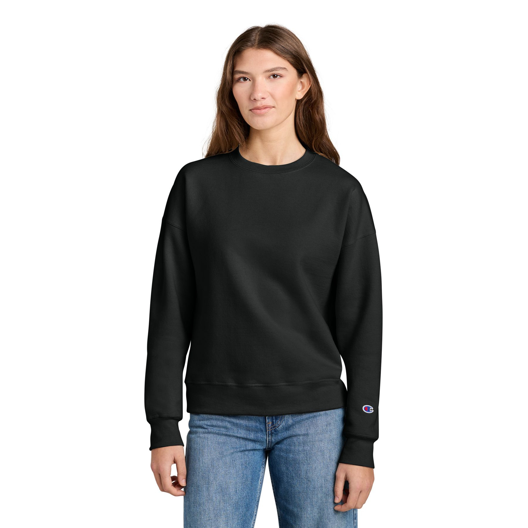 Black women’s crewneck sweatshirt made from a soft cotton/polyester blend with a relaxed fit, dropped shoulders, rib knit collar, cuffs and hem, and double coverstitching.