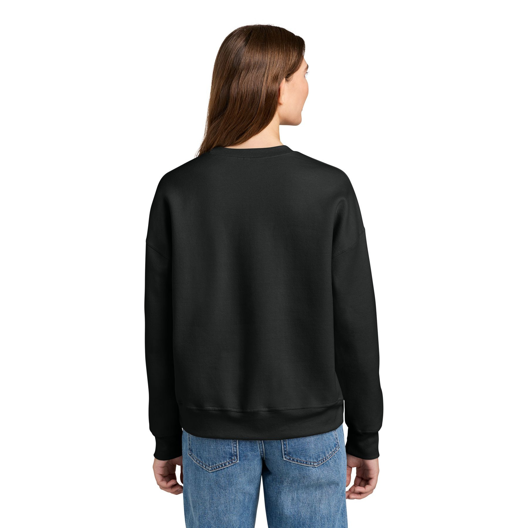 Black women’s crewneck sweatshirt made from a soft cotton/polyester blend with a relaxed fit, dropped shoulders, rib knit collar, cuffs and hem, and double coverstitching.
