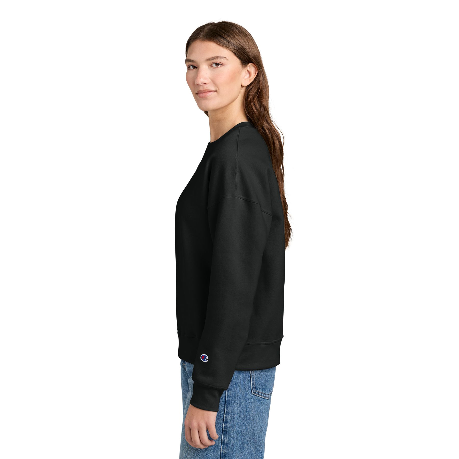 Black women’s crewneck sweatshirt made from a soft cotton/polyester blend with a relaxed fit, dropped shoulders, rib knit collar, cuffs and hem, and double coverstitching.