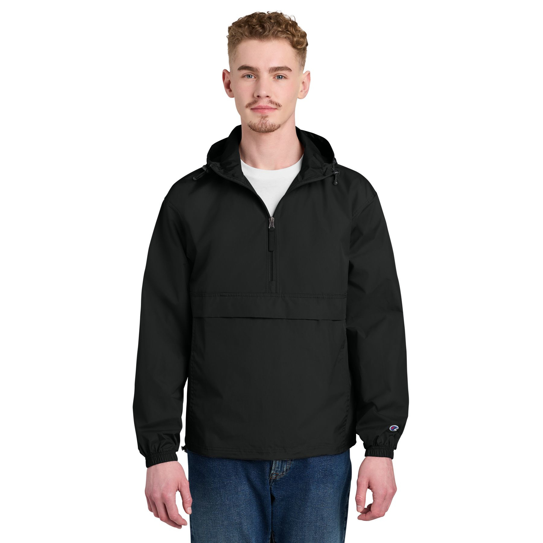 Black packable anorak jacket made from lightweight 100% polyester micro poplin with wind and water-resistant construction, adjustable hood, half-zip front, elastic cuffs, hidden pouch pocket, and adjustable hem.