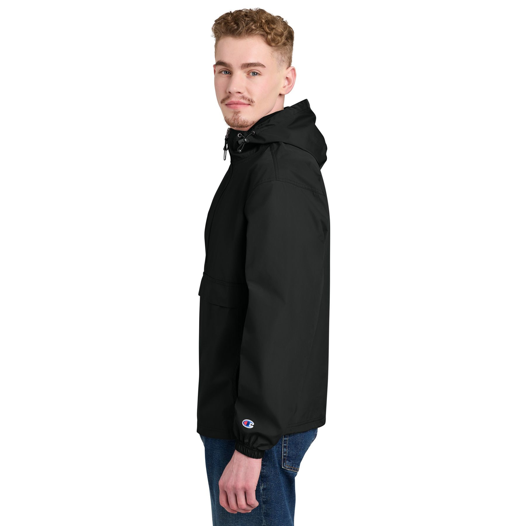 Black packable anorak jacket made from lightweight 100% polyester micro poplin with wind and water-resistant construction, adjustable hood, half-zip front, elastic cuffs, hidden pouch pocket, and adjustable hem.