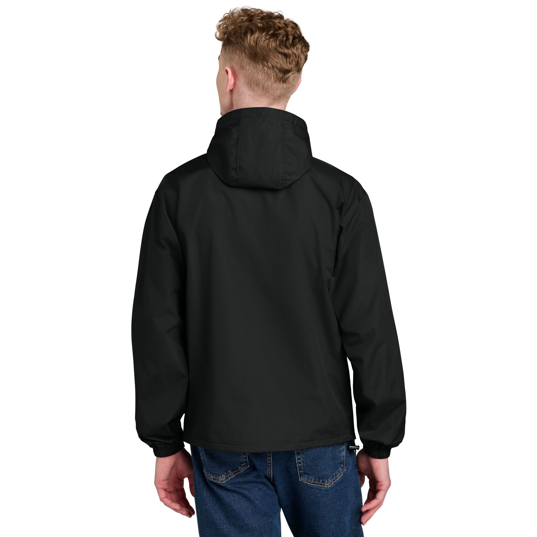Black packable anorak jacket made from lightweight 100% polyester micro poplin with wind and water-resistant construction, adjustable hood, half-zip front, elastic cuffs, hidden pouch pocket, and adjustable hem.