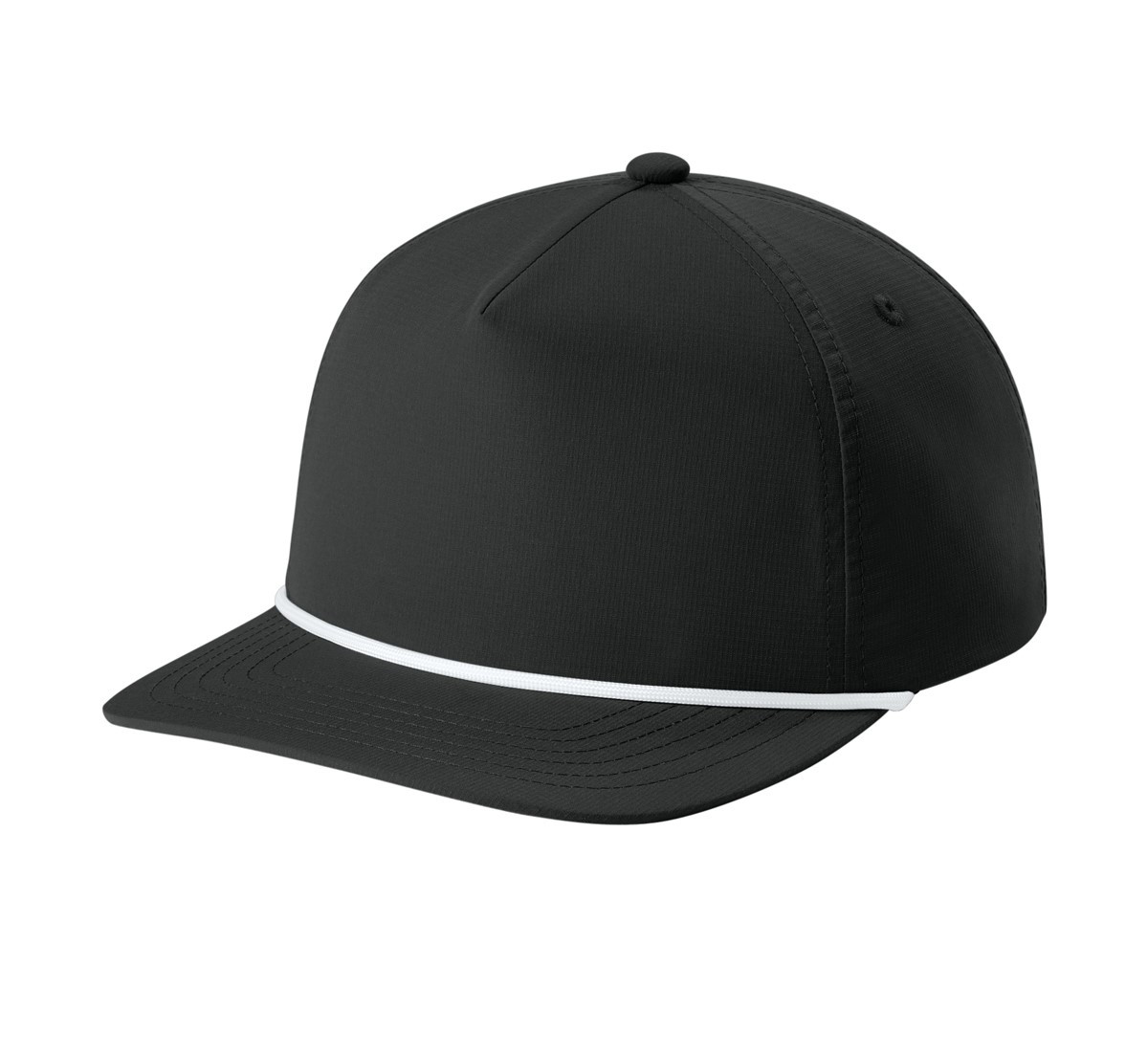 Black five-panel rope cap made from polyester micro ripstop with a slightly curved bill, solid braided rope trim, adjustable snapback closure, and performance sweatband.