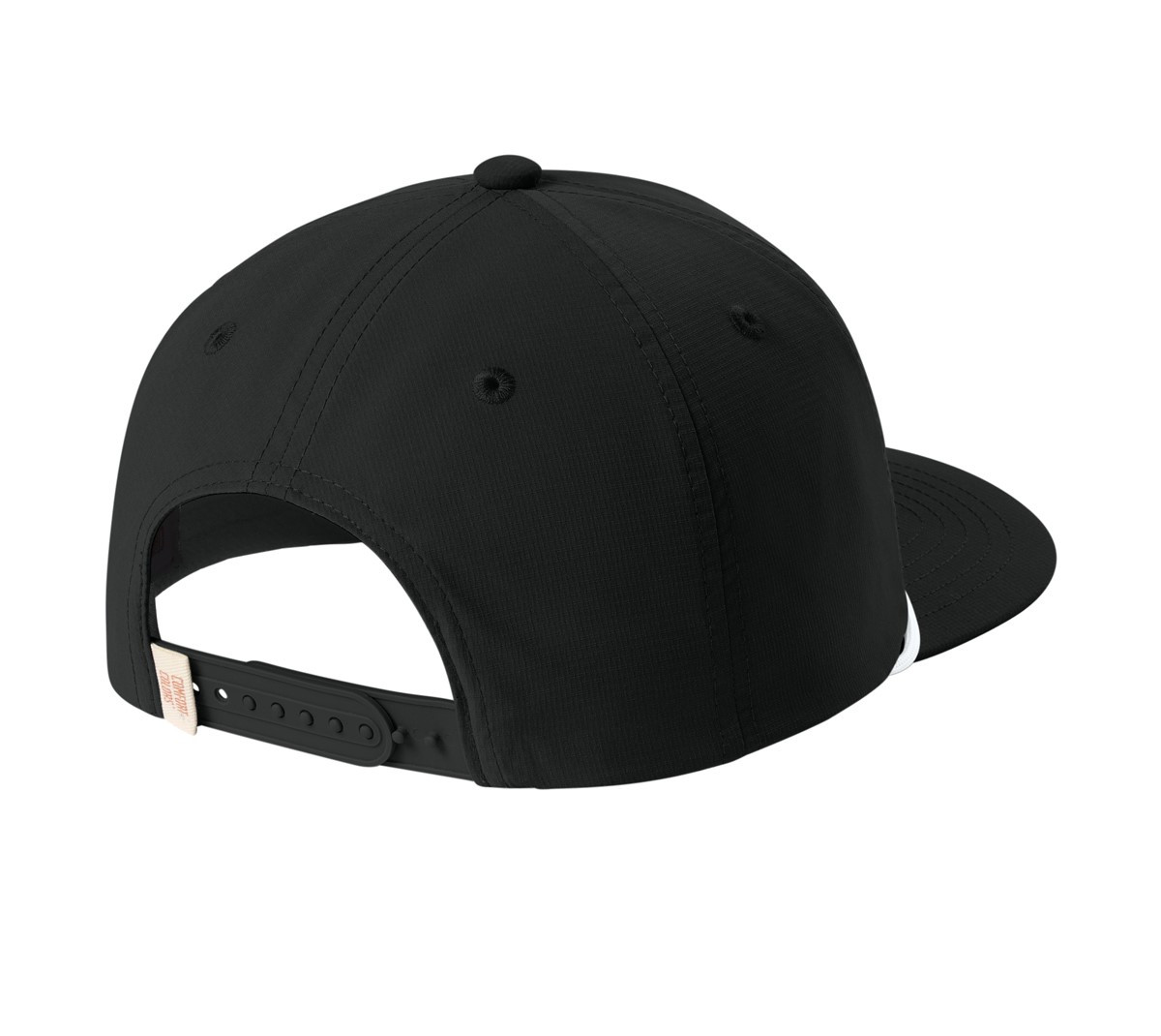 Black five-panel rope cap made from polyester micro ripstop with a slightly curved bill, solid braided rope trim, adjustable snapback closure, and performance sweatband.