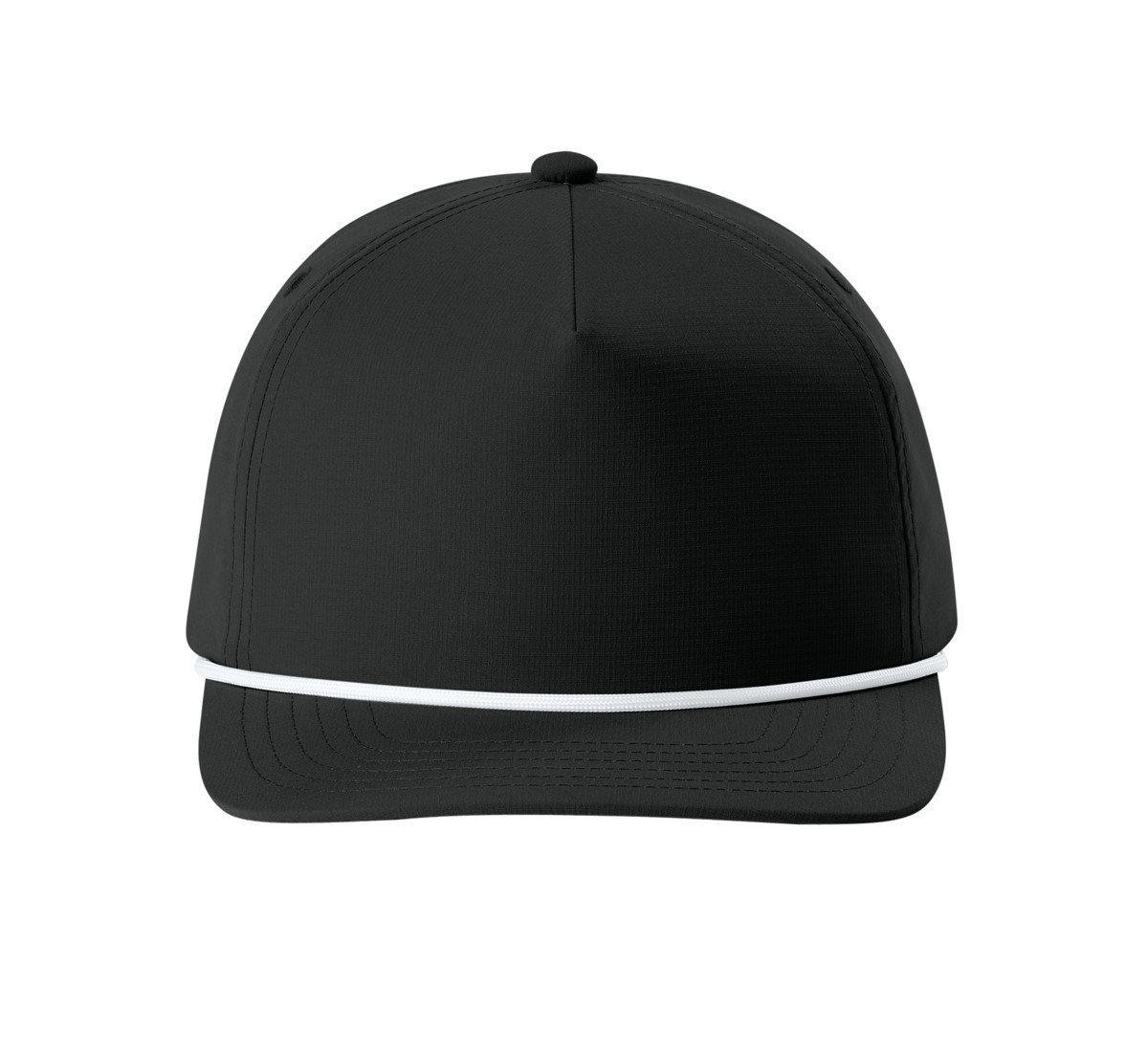 Black five-panel rope cap made from polyester micro ripstop with a slightly curved bill, solid braided rope trim, adjustable snapback closure, and performance sweatband.