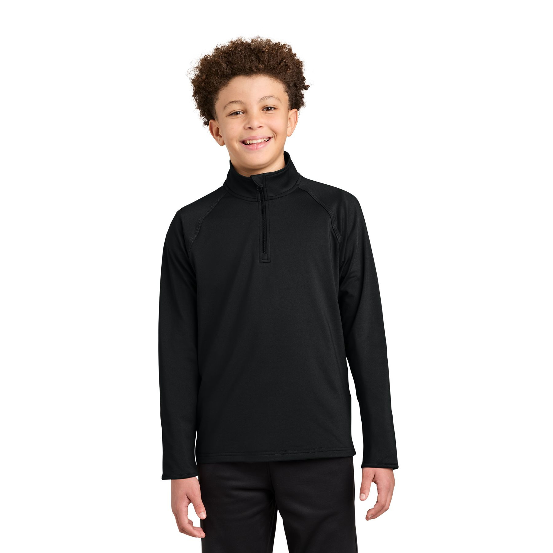 Black Sport-Tek Youth Sport-Wick® Stretch 1/4-Zip Pullover in a sporty solid color, featuring a center-front quarter-zip design and smooth polyester-spandex stretch fabric for youth training, practice, travel, or sideline wear.