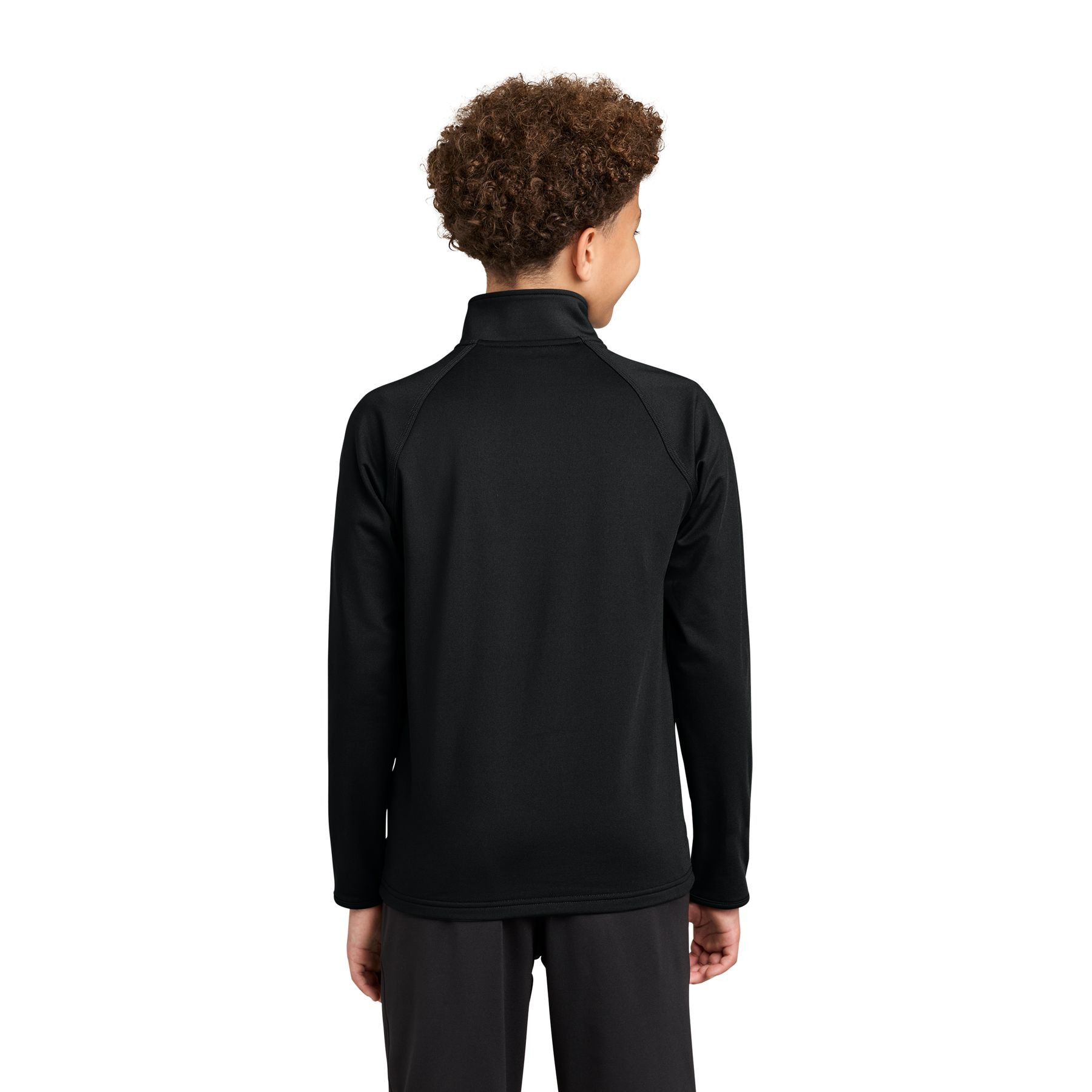 Black Sport-Tek Youth Sport-Wick® Stretch 1/4-Zip Pullover in a sporty solid color, featuring a center-front quarter-zip design and smooth polyester-spandex stretch fabric for youth training, practice, travel, or sideline wear.