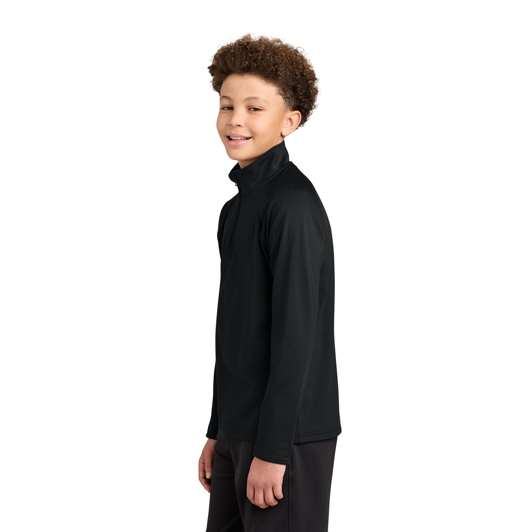 Black Sport-Tek Youth Sport-Wick® Stretch 1/4-Zip Pullover in a sporty solid color, featuring a center-front quarter-zip design and smooth polyester-spandex stretch fabric for youth training, practice, travel, or sideline wear.