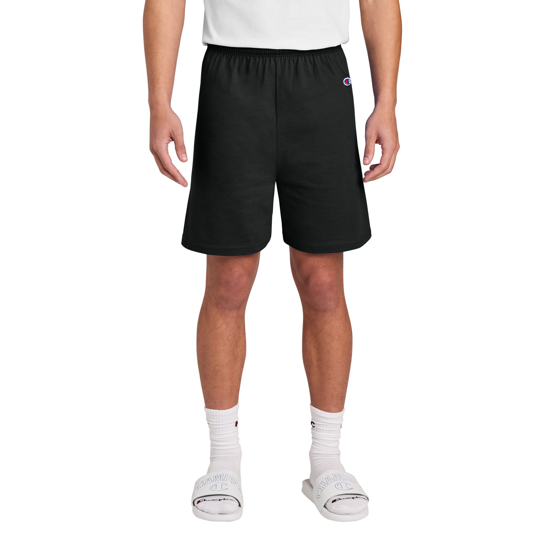 Black Champion Cotton Gym Short 100% cotton with an athletic fit, 6-inch inseam, interior drawcord, and Champion “C” logo at the left hip, designed for workouts and activewear.