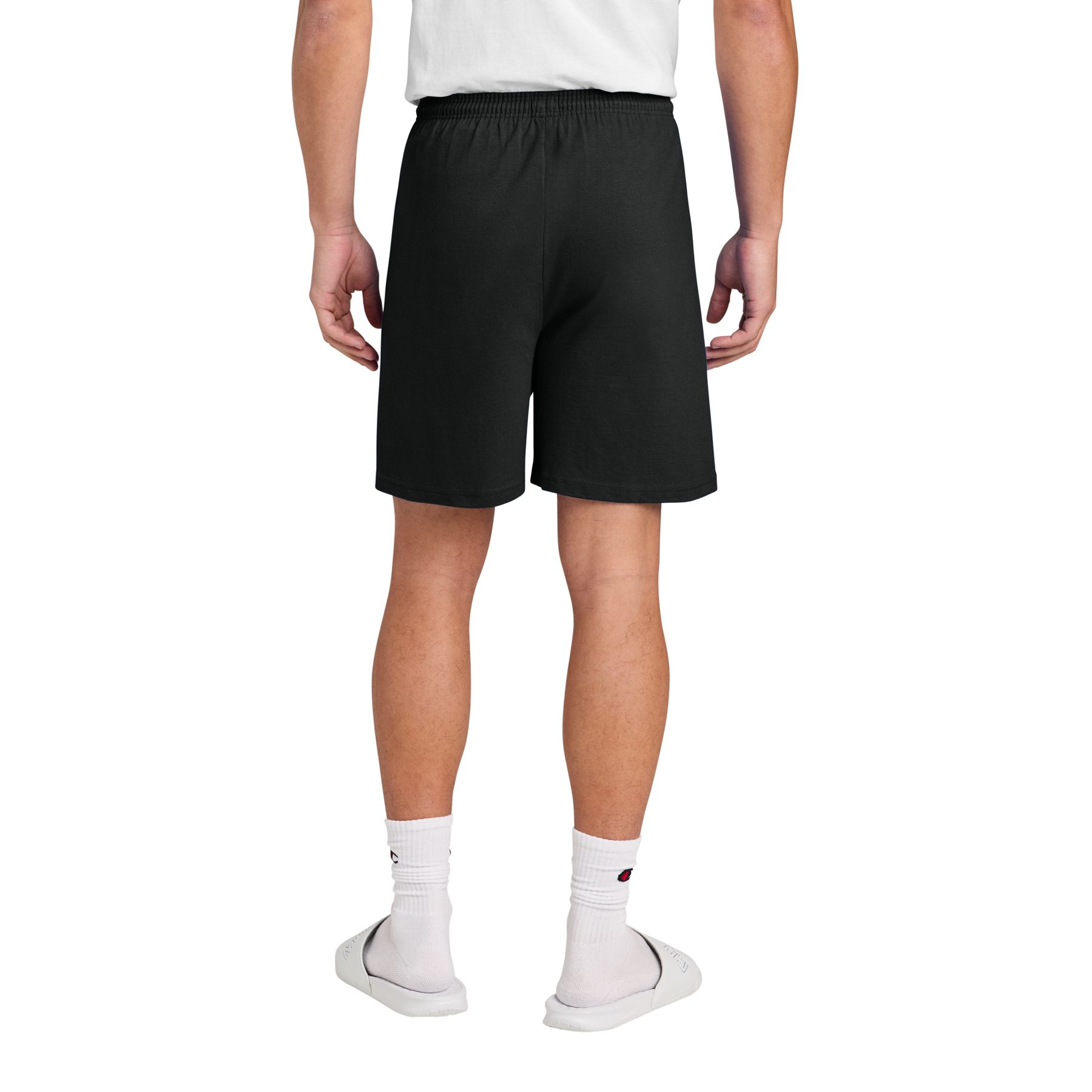 Black Champion Cotton Gym Short 100% cotton with an athletic fit, 6-inch inseam, interior drawcord, and Champion “C” logo at the left hip, designed for workouts and activewear.