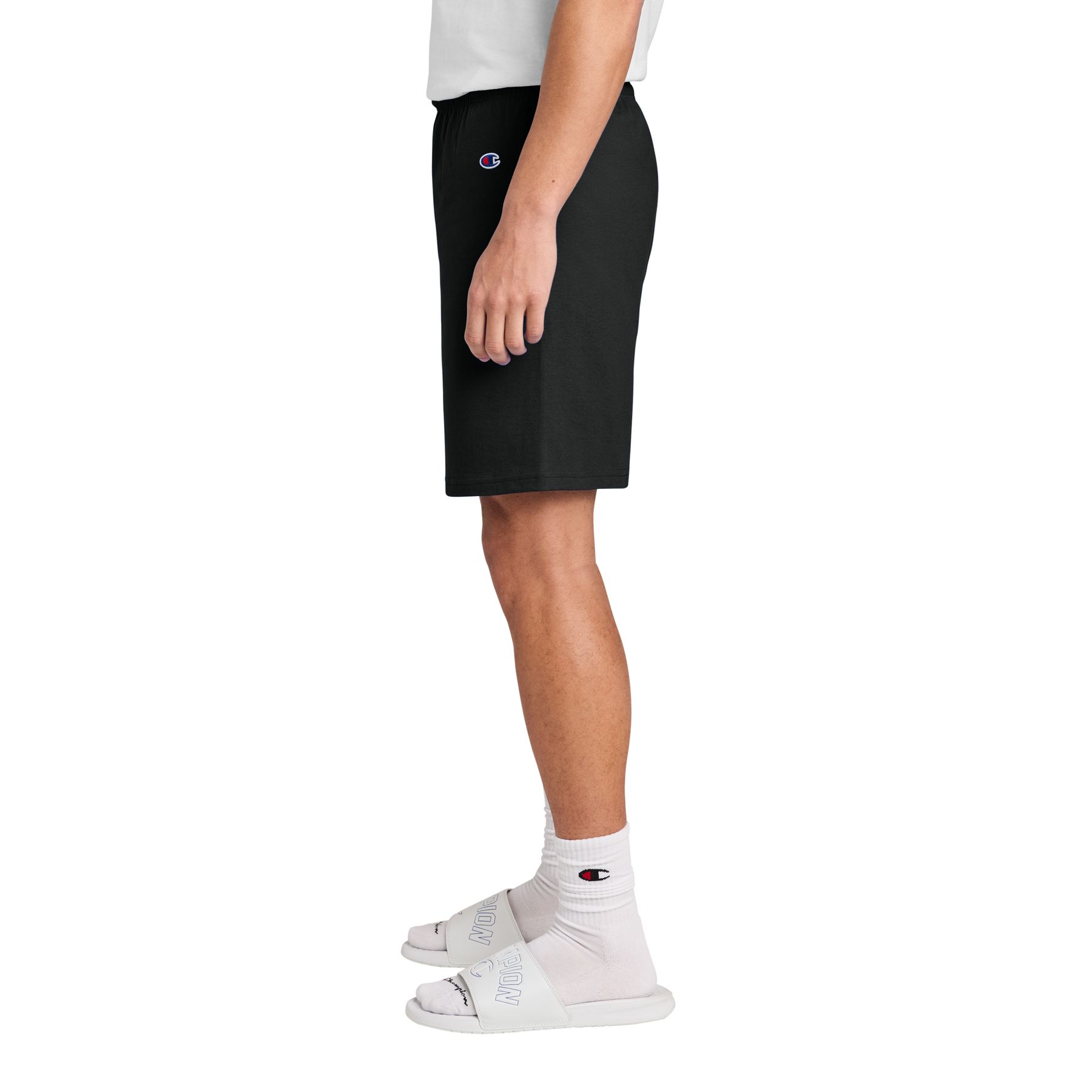 Black Champion Cotton Gym Short 100% cotton with an athletic fit, 6-inch inseam, interior drawcord, and Champion “C” logo at the left hip, designed for workouts and activewear.