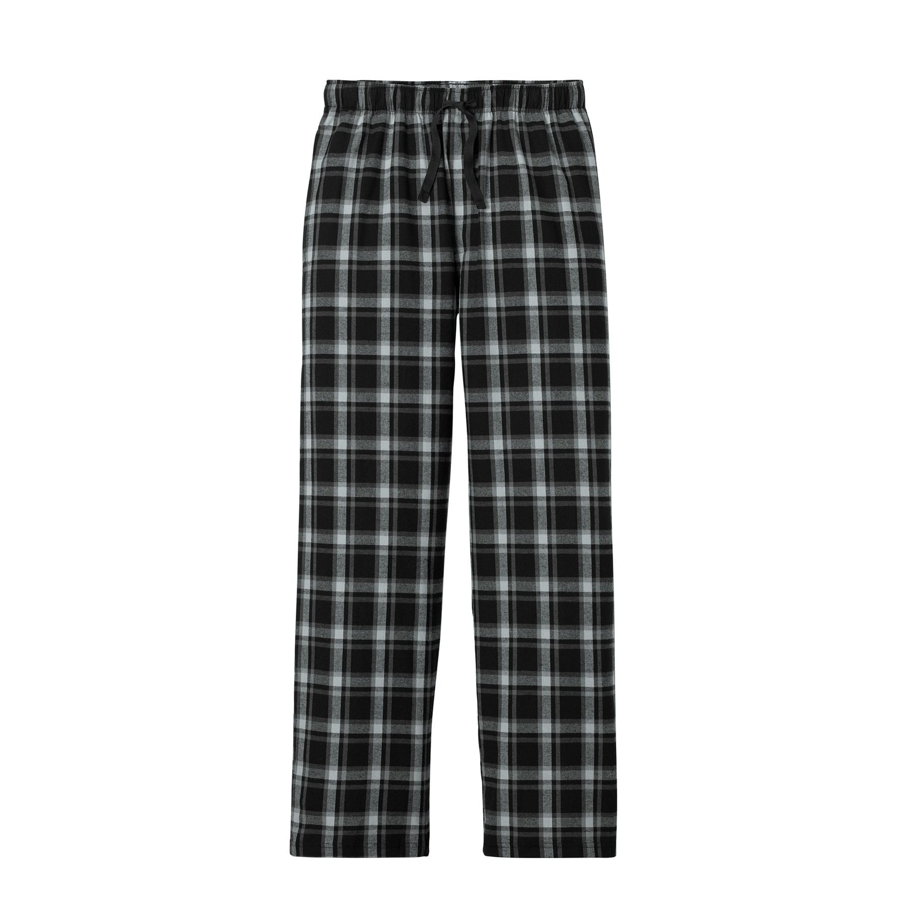 Black flannel pocket pants made from soft combed ring spun cotton twill with a yarn-dyed pattern, elastic waistband, twill drawcords, side pockets, and faux fly.