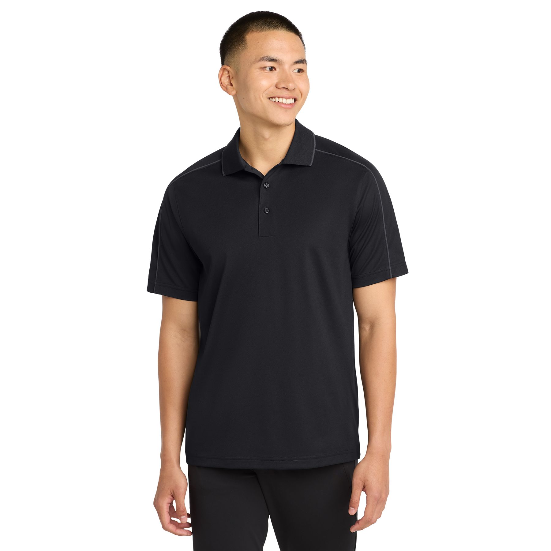 Front of Black/Iron Gray Sport-Tek Micropique Sport-Wick Piped Polo in a solid athletic color with contrasting piping along the shoulders and sleeves, featuring a smooth polyester tricot fabric, three-button placket, flat knit collar, and sporty design for activewear or casual wear.