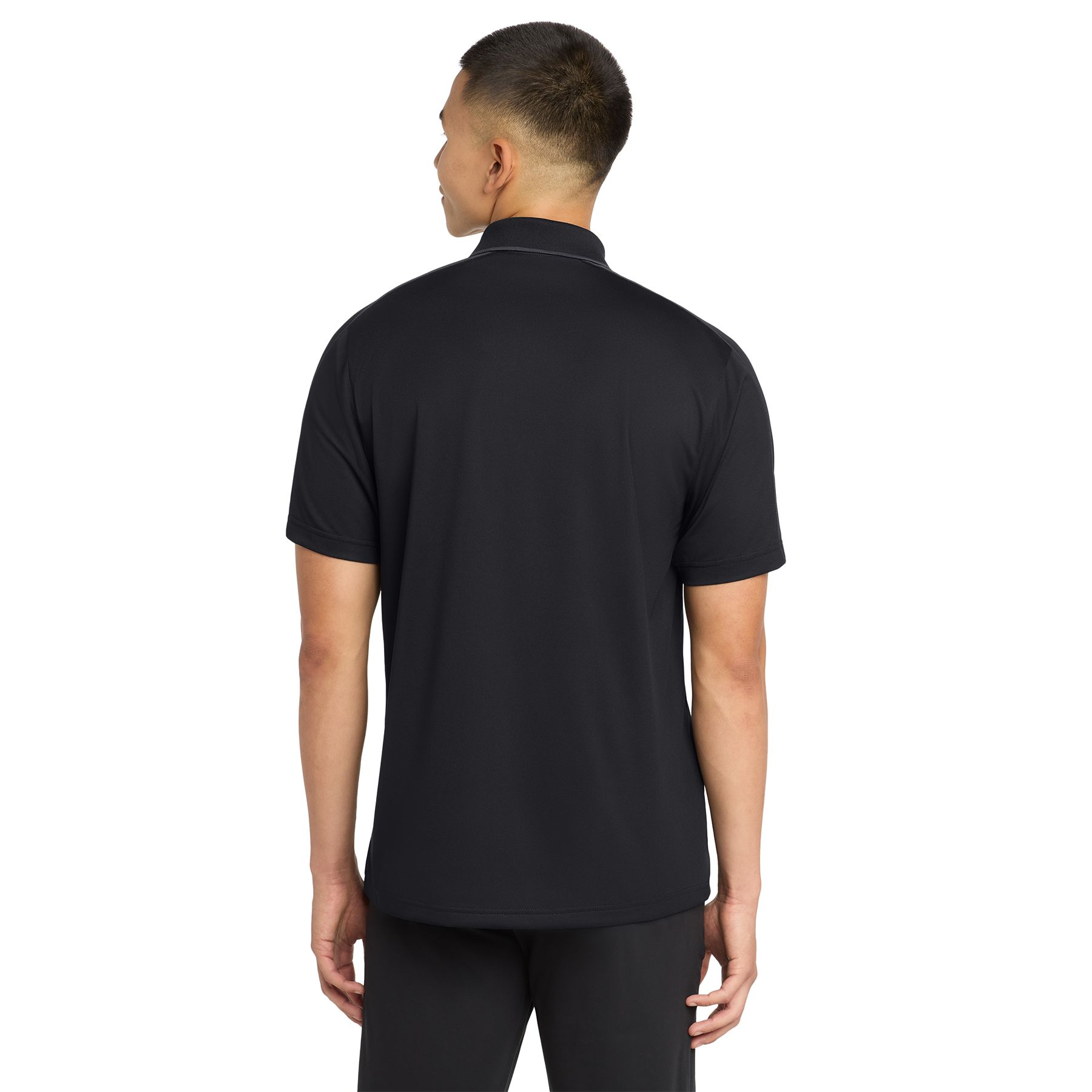Back of Black/Iron Gray Sport-Tek Micropique Sport-Wick Piped Polo in a solid athletic color with contrasting piping along the shoulders and sleeves, featuring a smooth polyester tricot fabric, three-button placket, flat knit collar, and sporty design for activewear or casual wear.