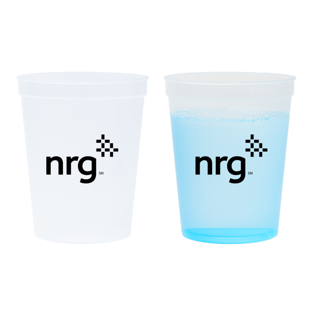 Frosted blue color-changing polypropylene stadium cup with sturdy reusable construction that changes color when filled with an ice-cold beverage.