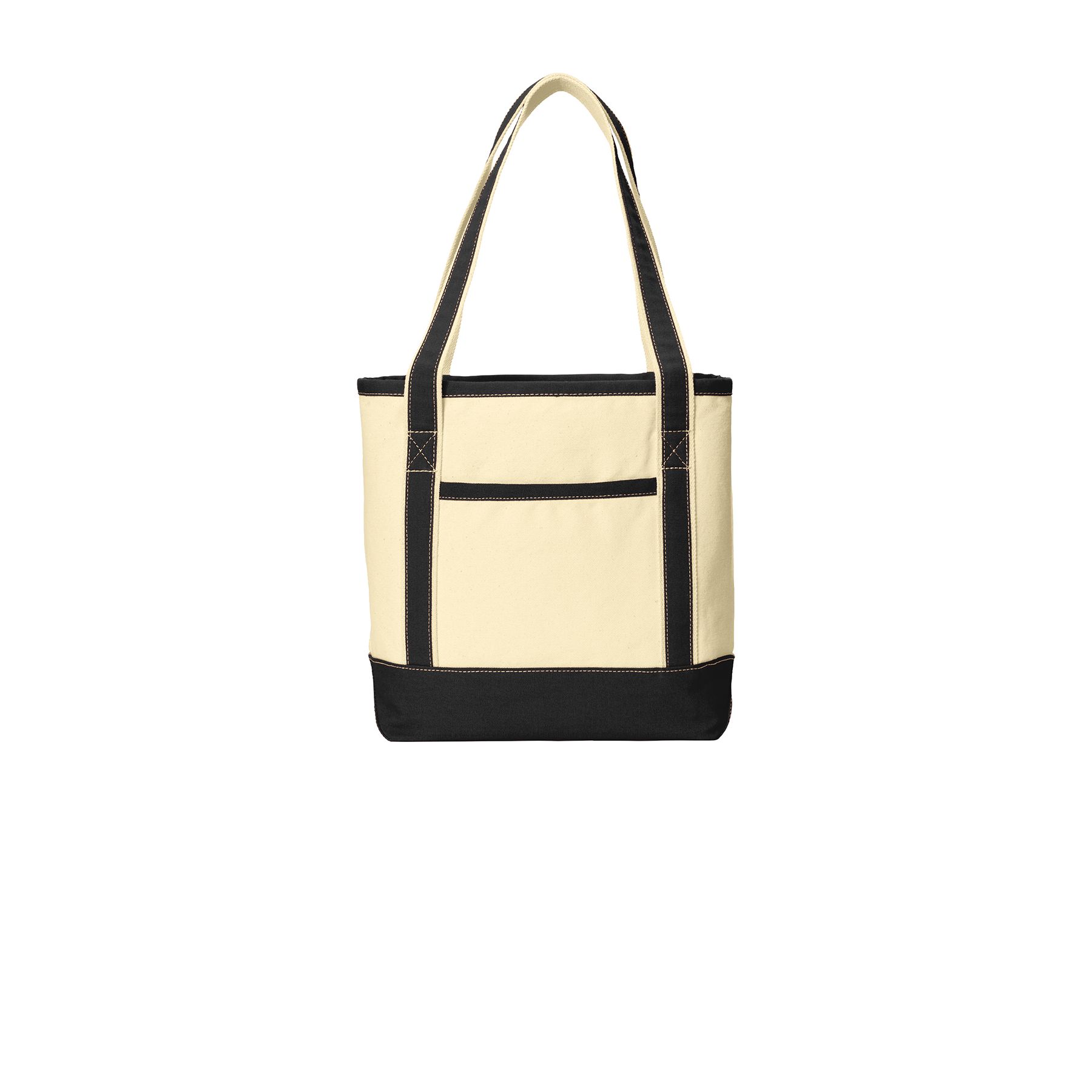 Front view of Natural/Black Port Authority Medium Cotton Canvas Tote in natural canvas with contrasting handles and bottom, sturdy webbing straps, and a front pocket, designed for shopping, beach trips, events, and everyday carrying.