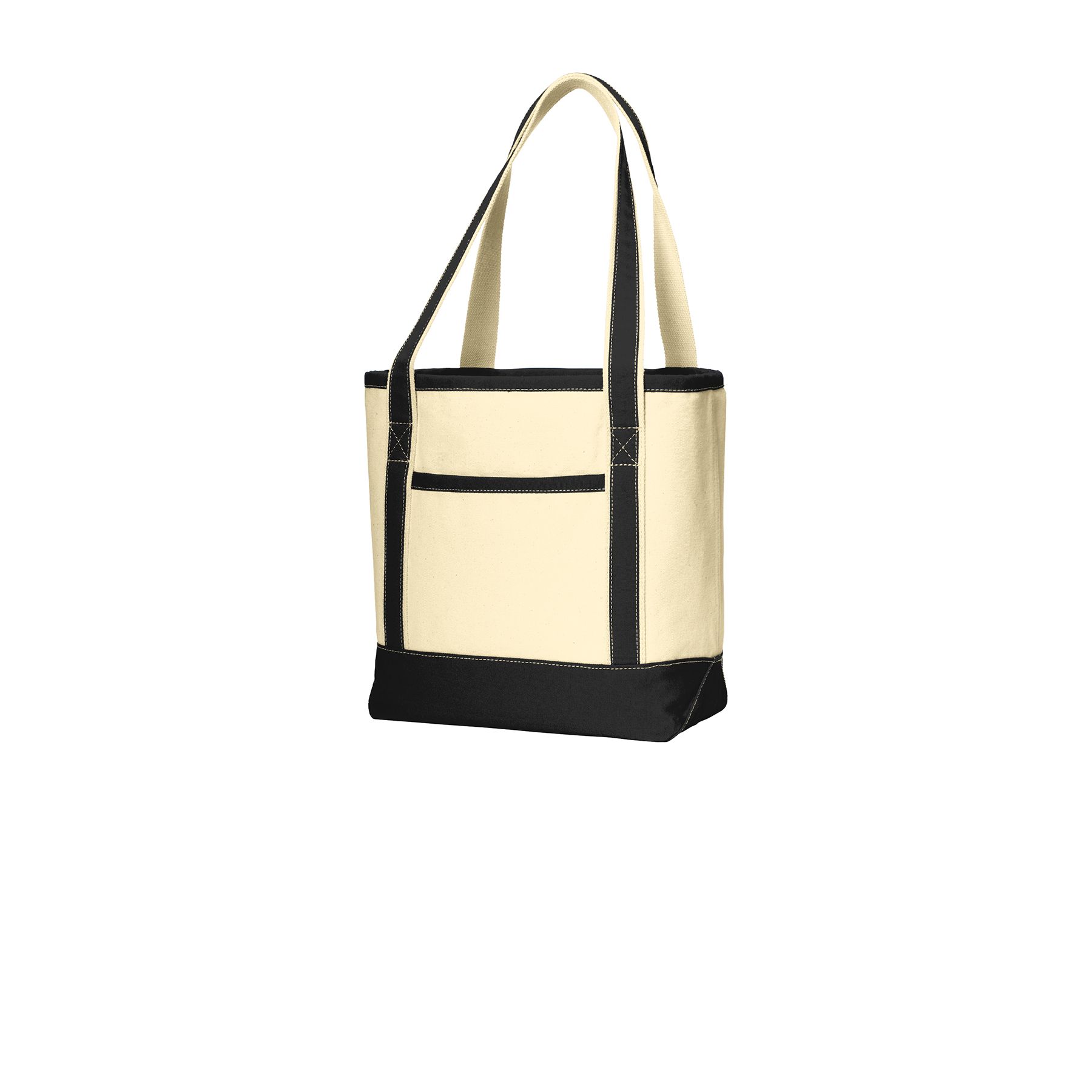 Side view of Natural/Black Port Authority Medium Cotton Canvas Tote in natural canvas with contrasting handles and bottom, sturdy webbing straps, and a front pocket, designed for shopping, beach trips, events, and everyday carrying.