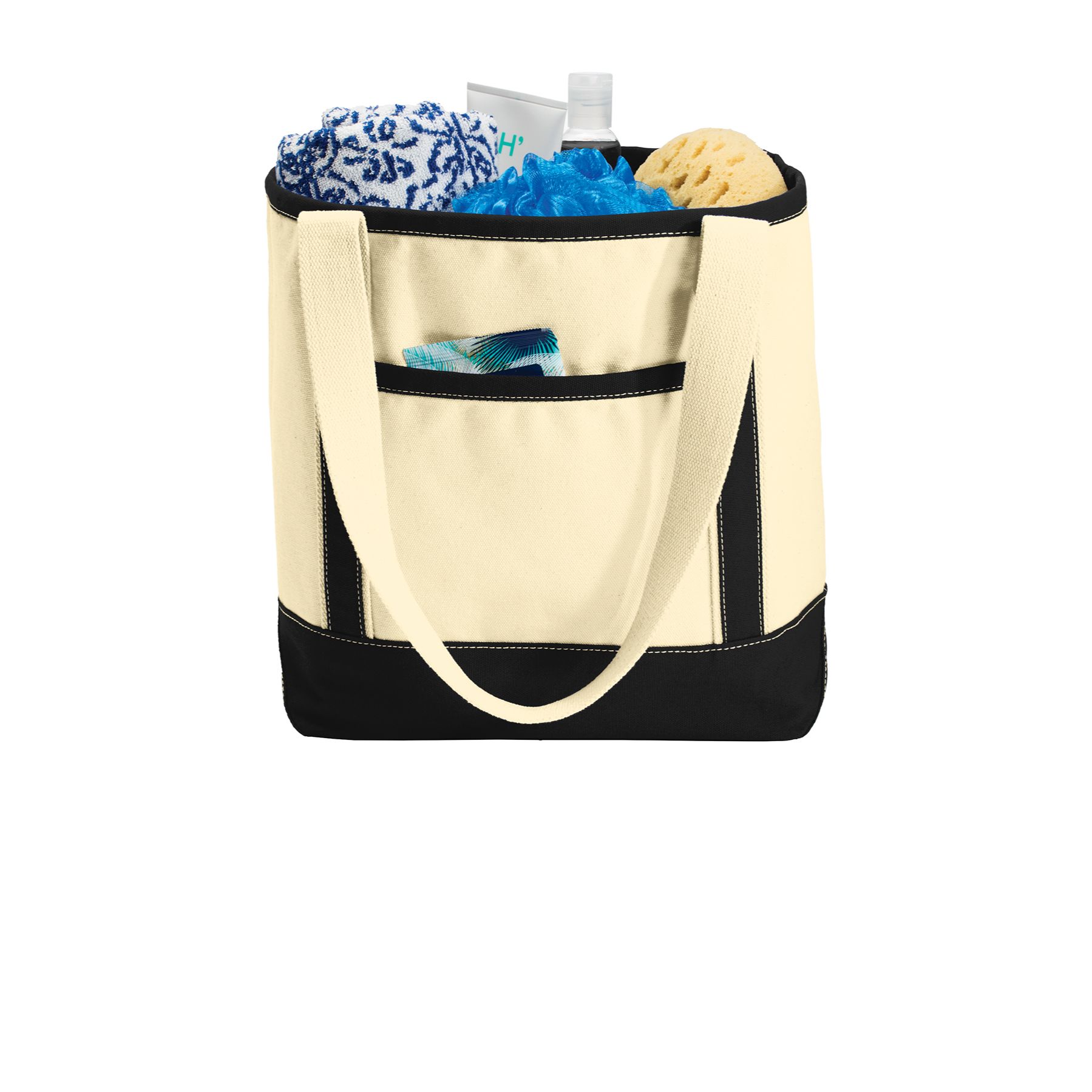 sample image with items of Natural/Black Port Authority Medium Cotton Canvas Tote in natural canvas with contrasting handles and bottom, sturdy webbing straps, and a front pocket, designed for shopping, beach trips, events, and everyday carrying.