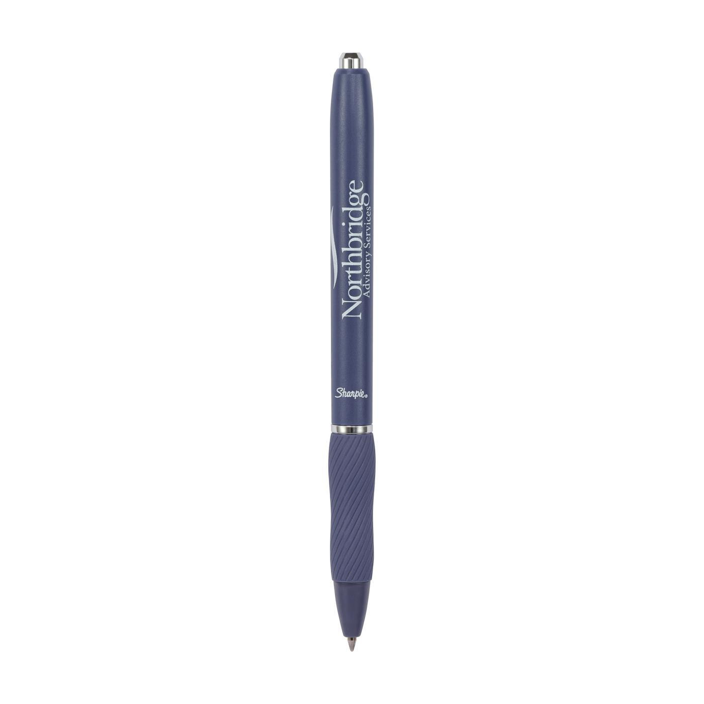 Black Sharpie S-Gel gel pen with a sleek matte barrel, contoured rubber grip, 0.7 mm medium point, and bold black gel ink.