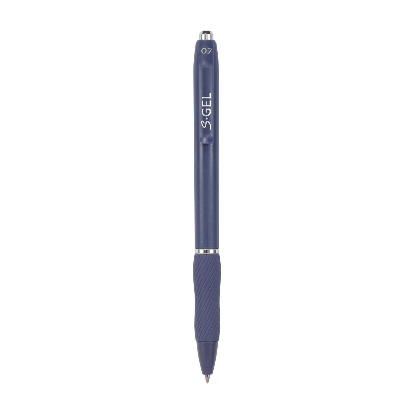 Black Sharpie S-Gel gel pen with a sleek matte barrel, contoured rubber grip, 0.7 mm medium point, and bold black gel ink.