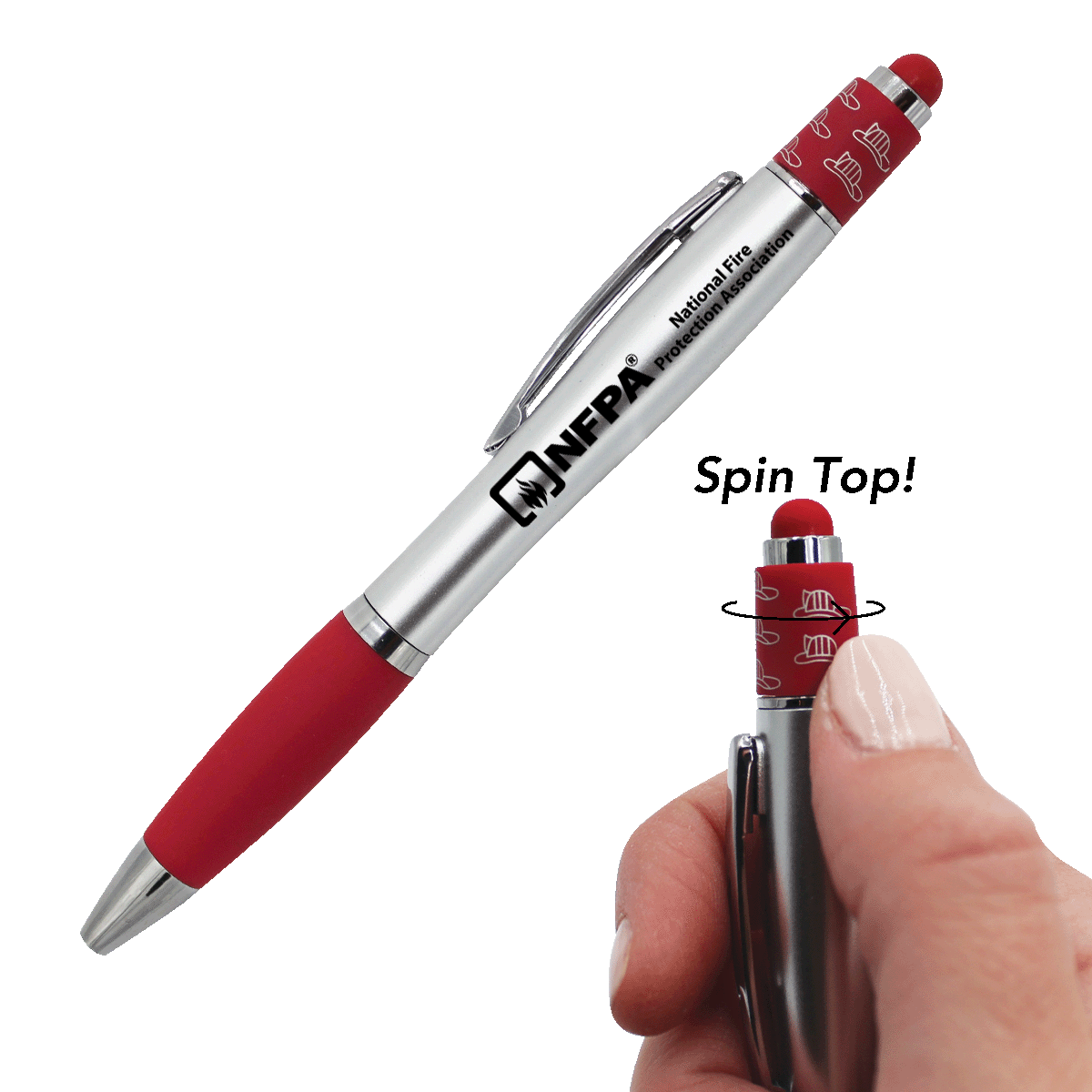 Red Fire Spin Top Stylus Pen featuring a fire helmet-shaped fidget spinner, chrome accents, a contoured barrel, and matching silicone stylus tip for writing and touchscreen use.